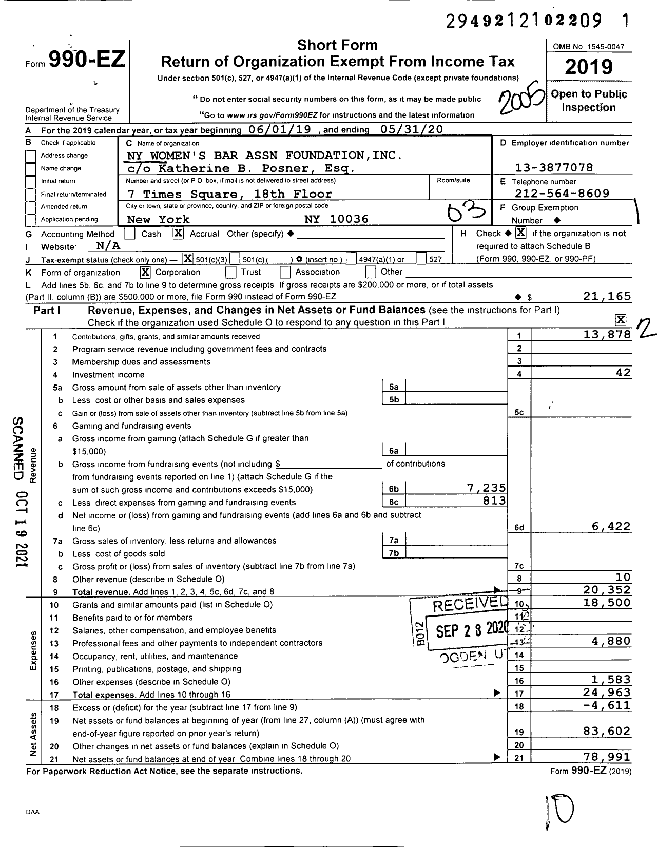 Image of first page of 2019 Form 990EZ for New York Womens Bar Association Foundation