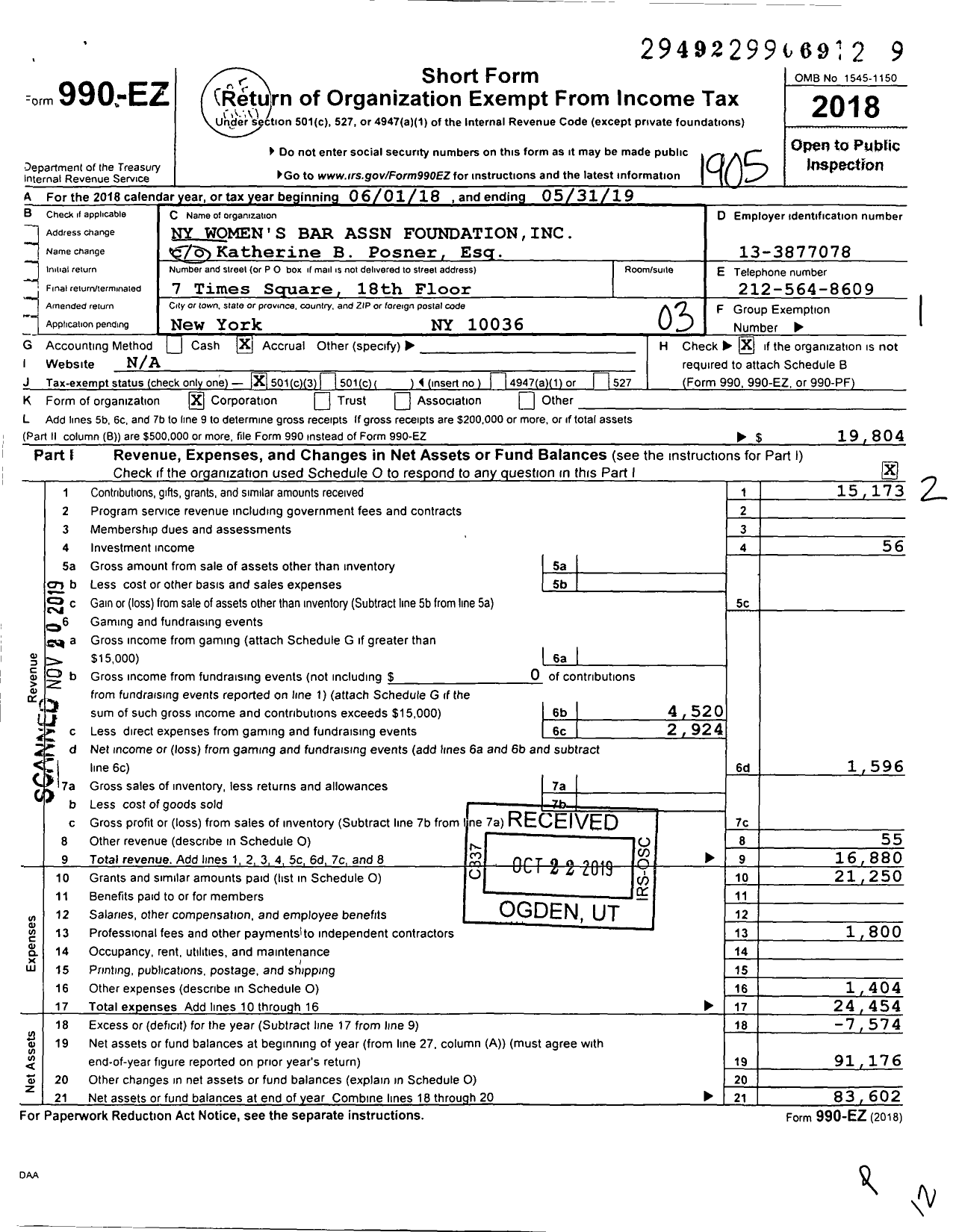 Image of first page of 2018 Form 990EZ for New York Womens Bar Association Foundation