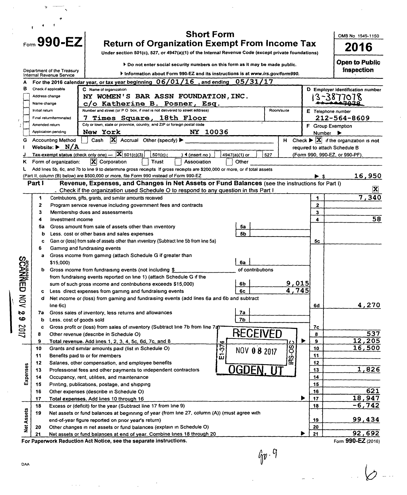 Image of first page of 2016 Form 990EZ for New York Womens Bar Association Foundation