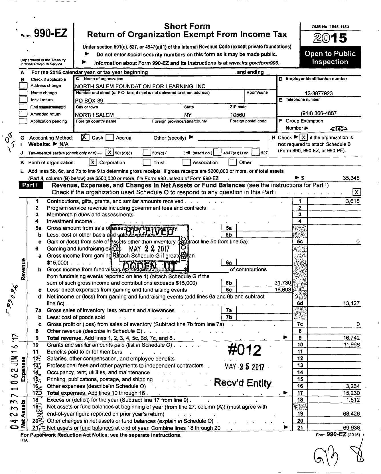Image of first page of 2015 Form 990EZ for North Salem Foundation for Learning