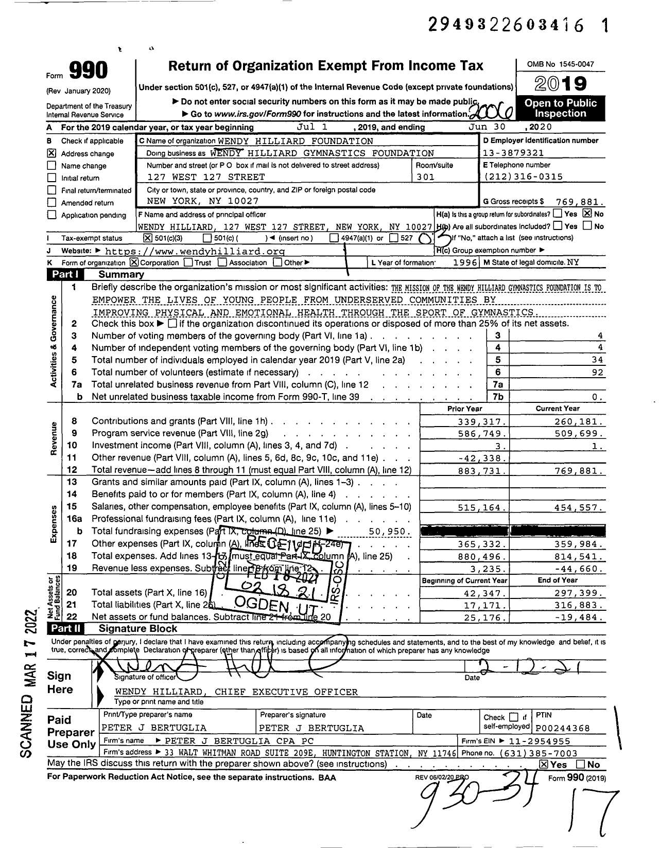 Image of first page of 2019 Form 990 for Wendy Hilliard Gymnastics Foundation