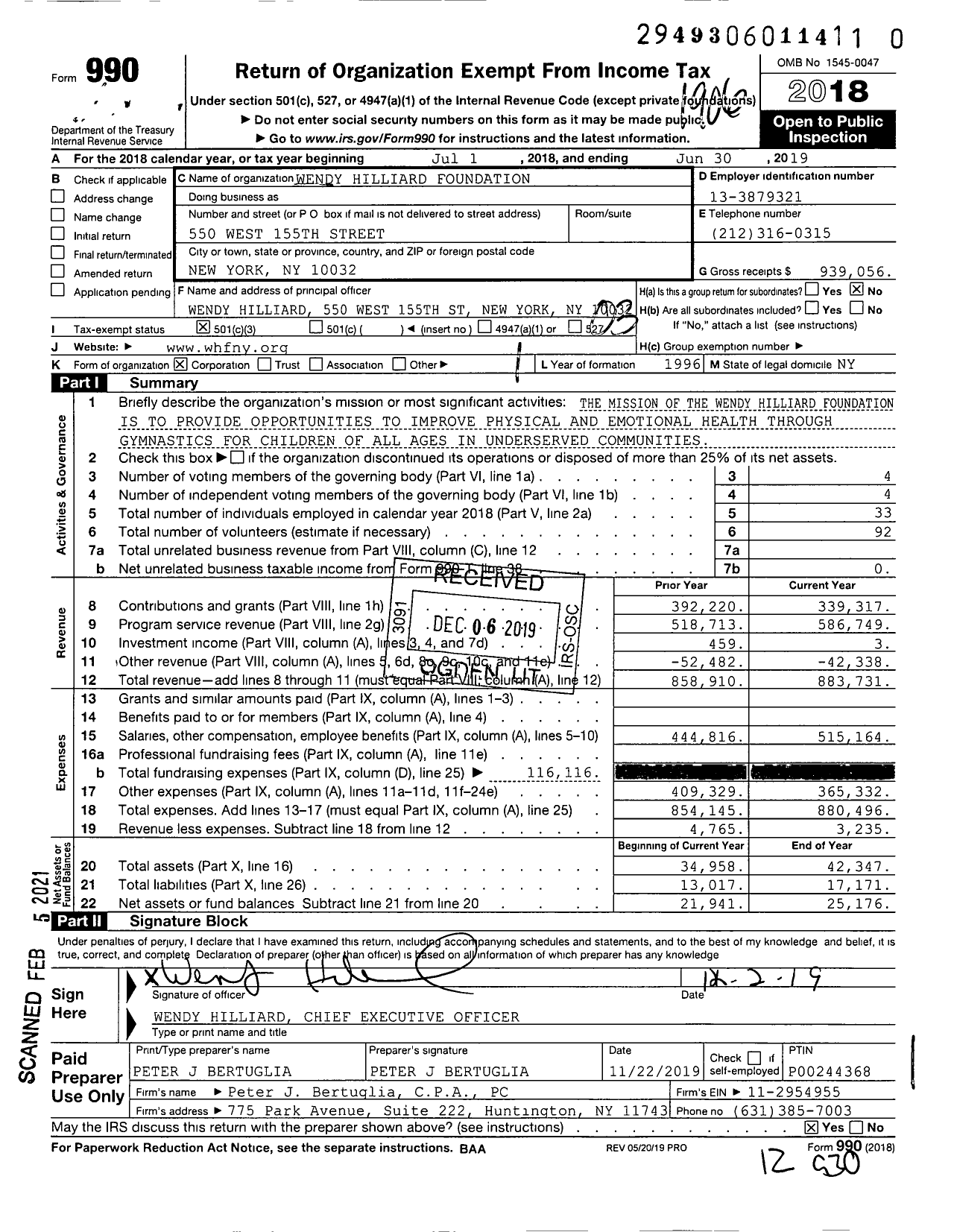 Image of first page of 2018 Form 990 for Wendy Hilliard Gymnastics Foundation