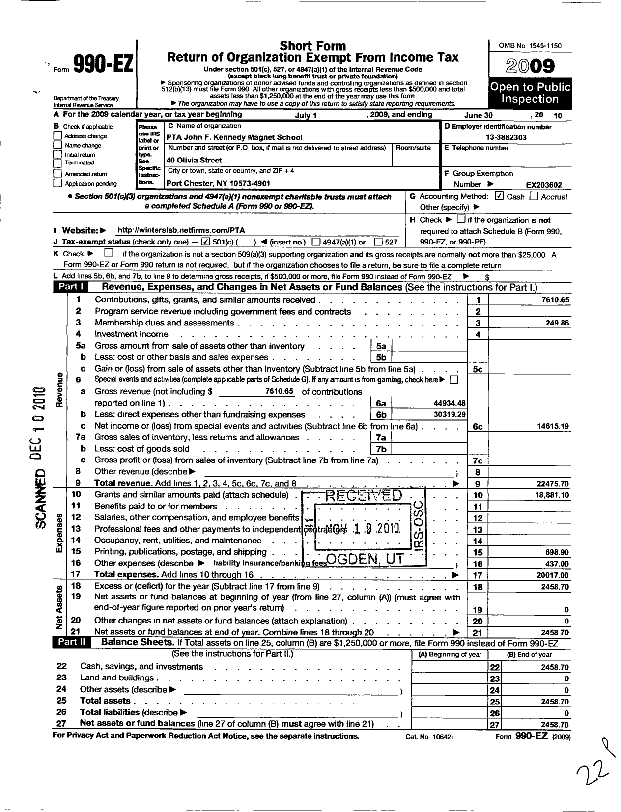 Image of first page of 2009 Form 990EO for New York State PTA - 18-082 John F Kennedy Magnet School