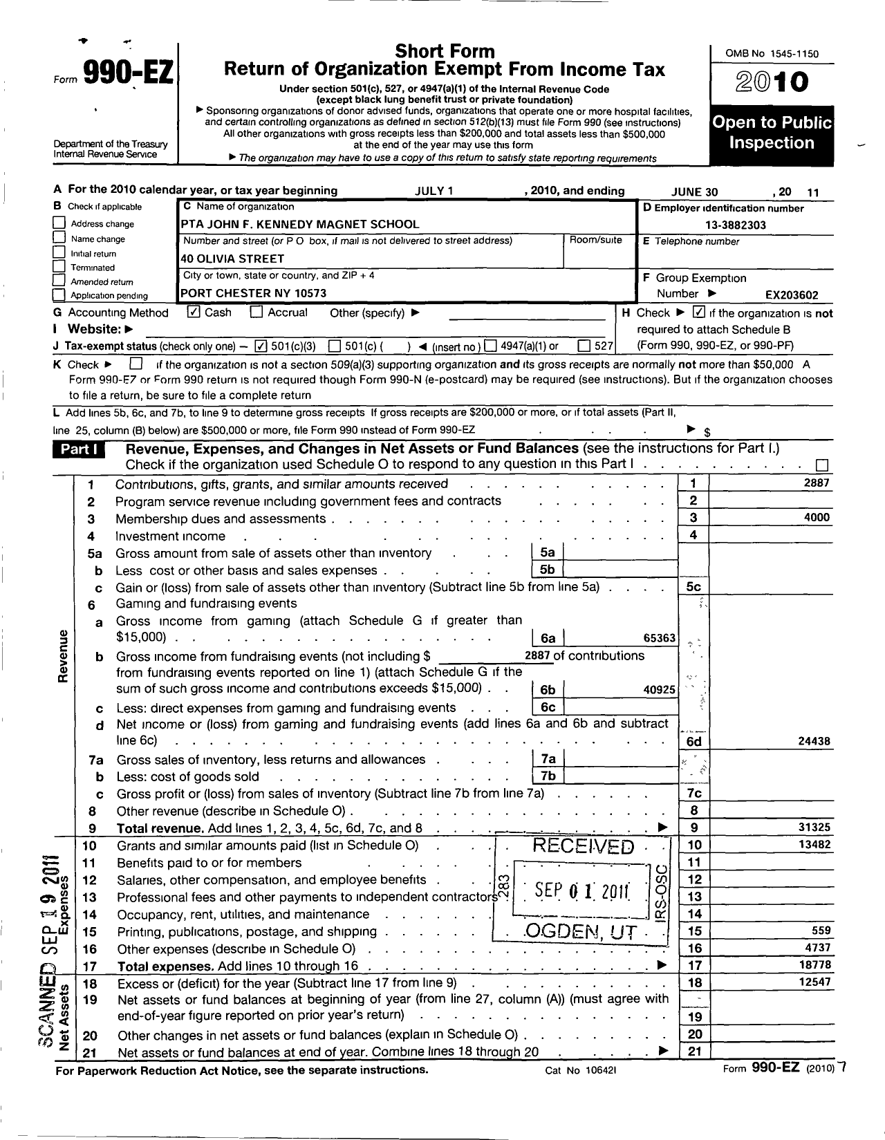 Image of first page of 2010 Form 990EZ for New York State PTA - 18-082 John F Kennedy Magnet School