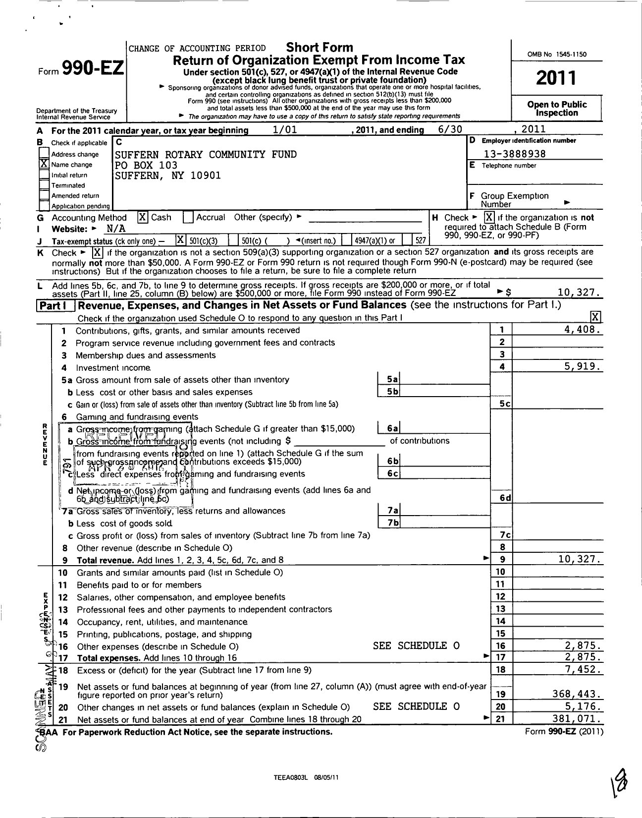 Image of first page of 2010 Form 990EZ for Suffern Rotary Community Fund