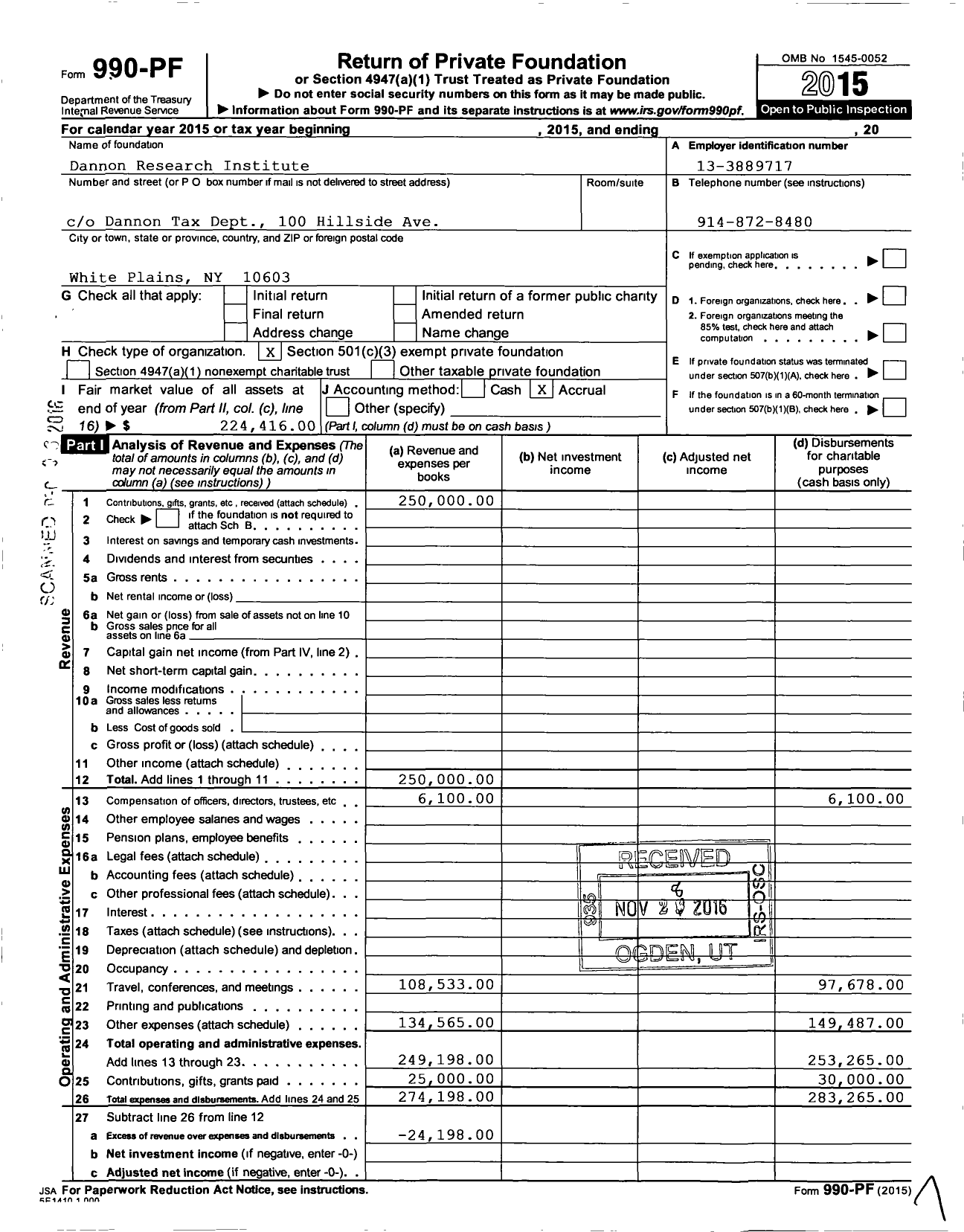 Image of first page of 2015 Form 990PF for Dannon Research Institute