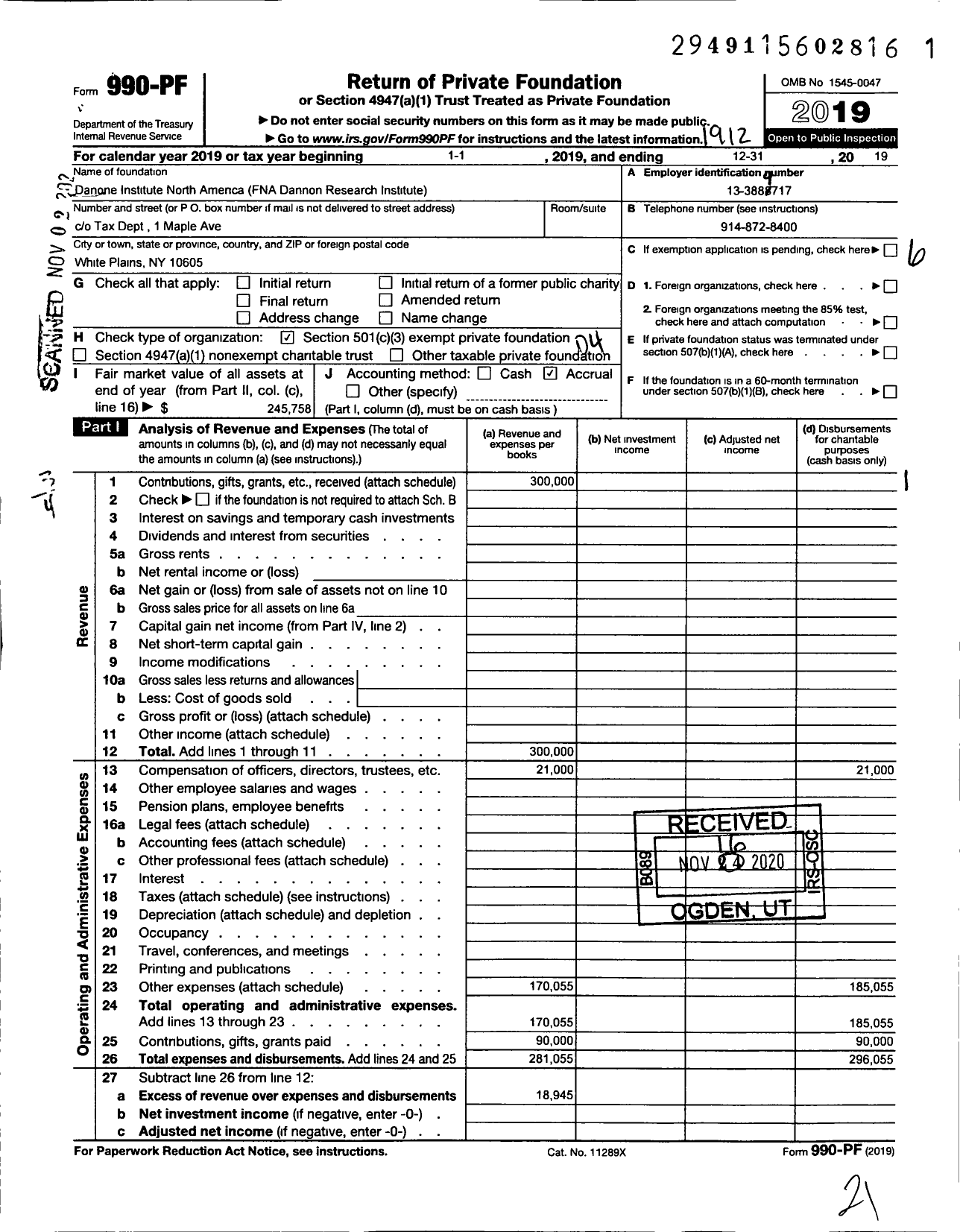 Image of first page of 2019 Form 990PF for Dannon Research Institute