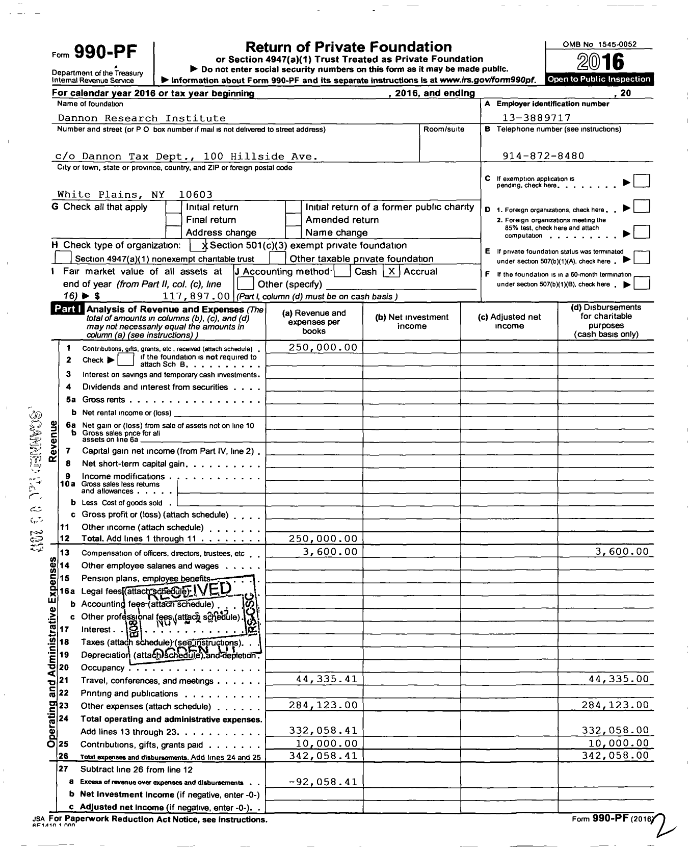 Image of first page of 2016 Form 990PF for Dannon Research Institute