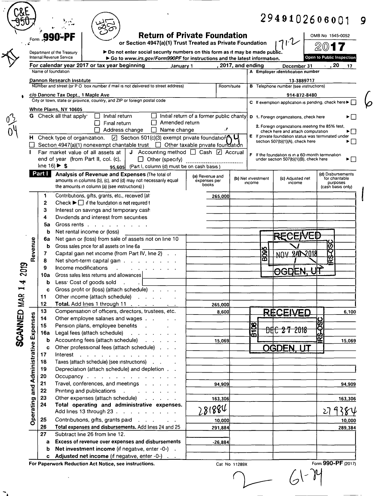 Image of first page of 2017 Form 990PF for Dannon Research Institute