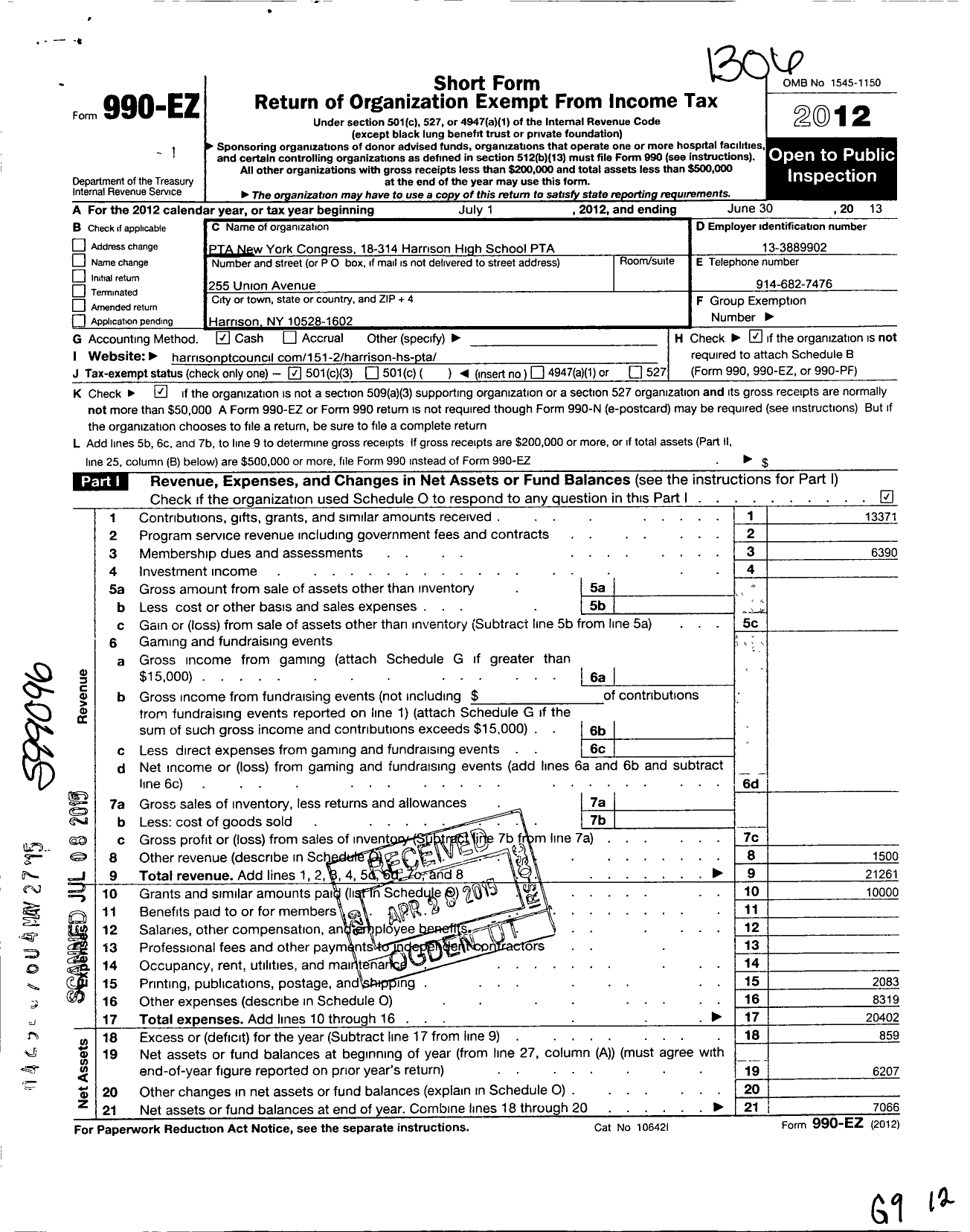 Image of first page of 2012 Form 990EZ for New York State PTA - 18-314 Harrison High School PTA