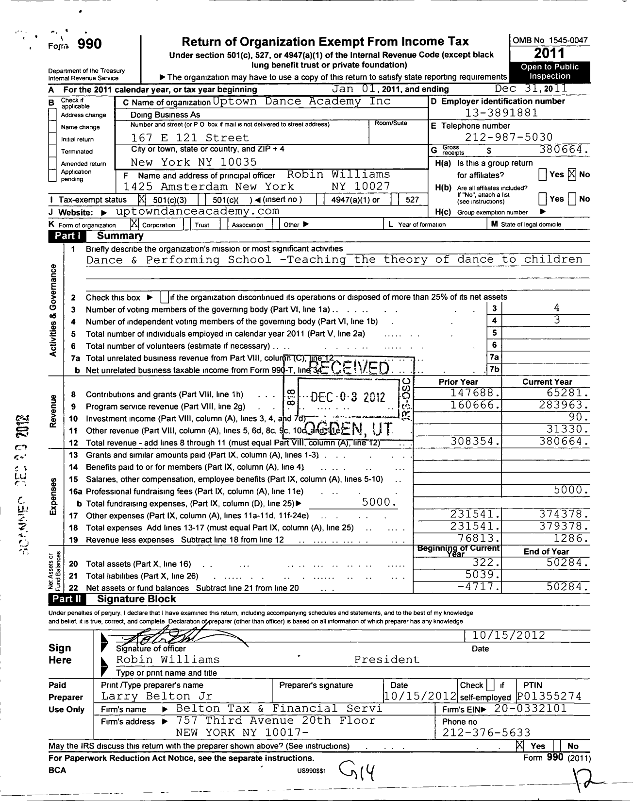 Image of first page of 2011 Form 990 for Uptown Dance Academy