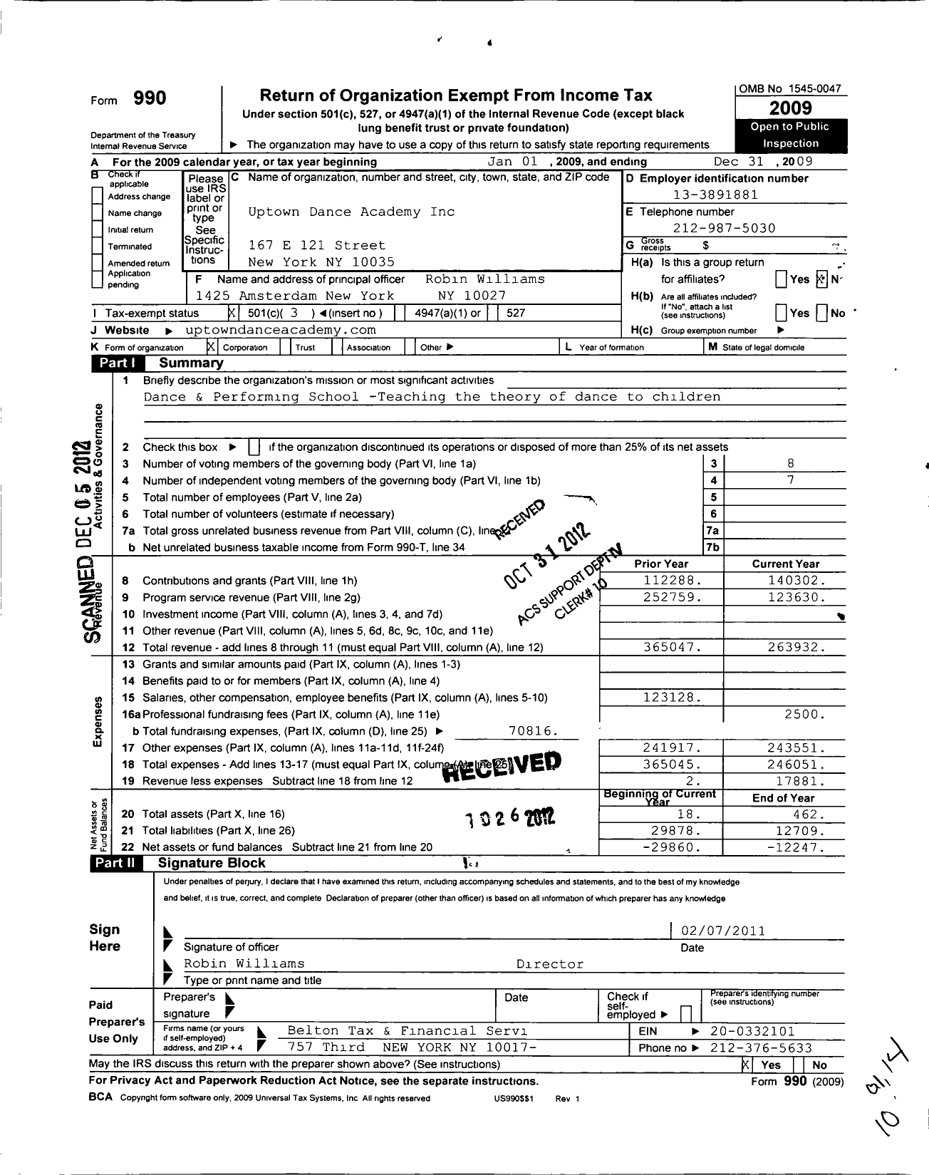 Image of first page of 2009 Form 990 for Uptown Dance Academy