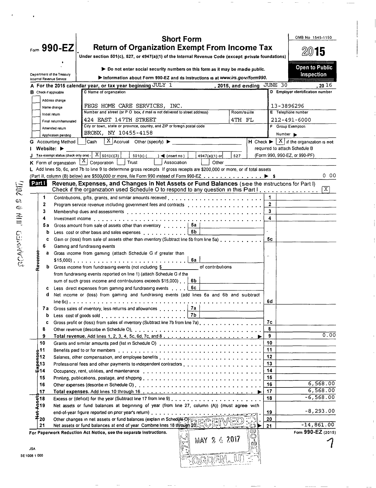 Image of first page of 2015 Form 990EZ for FEGS Home Care Services