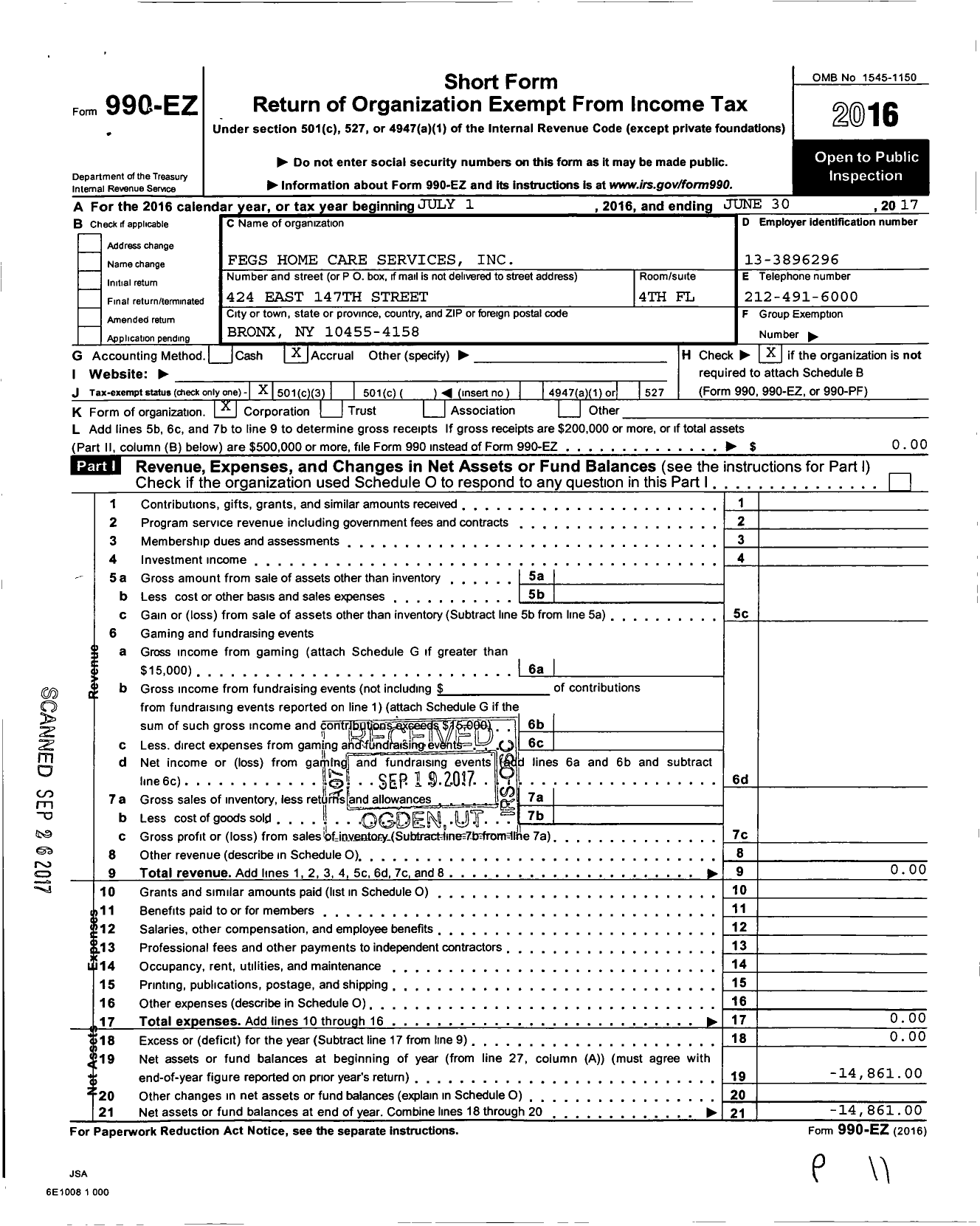 Image of first page of 2016 Form 990EZ for FEGS Home Care Services