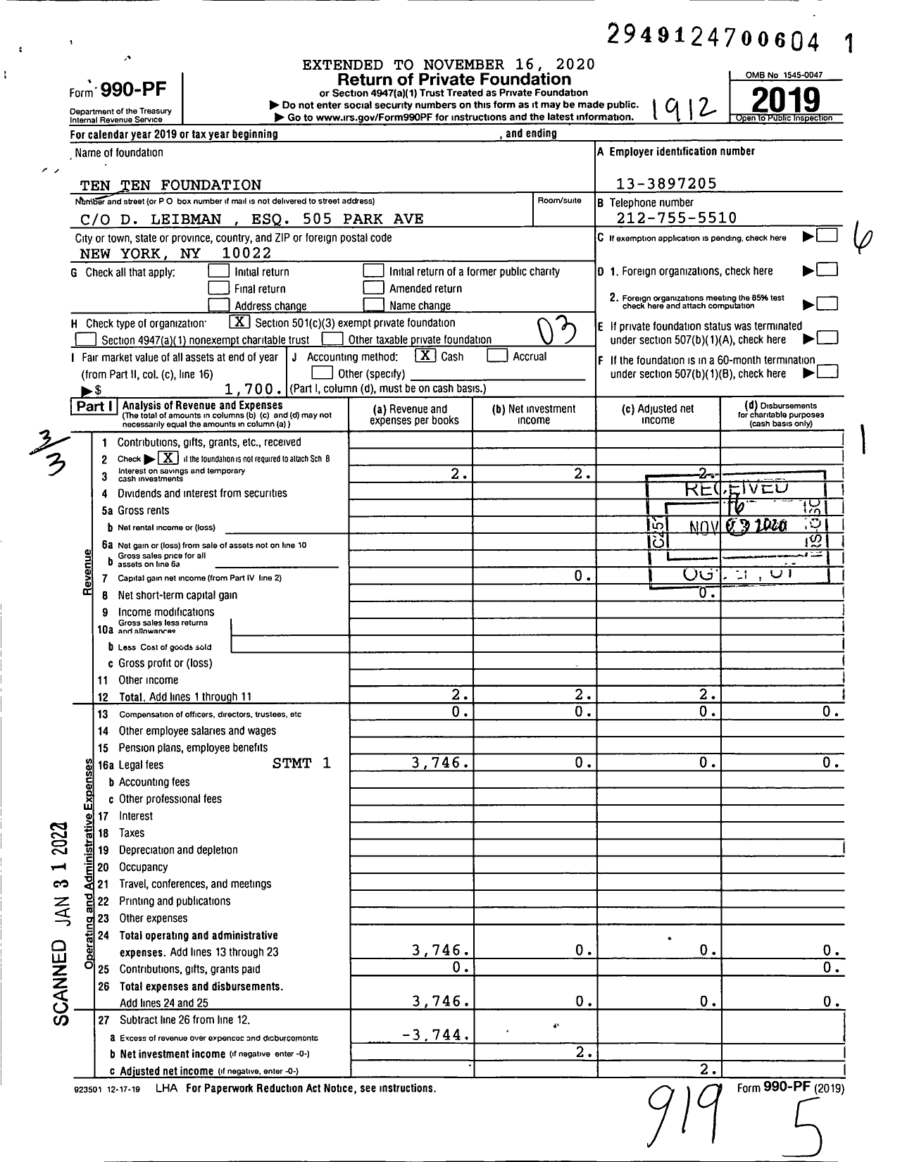 Image of first page of 2019 Form 990PF for Ten Ten Foundation