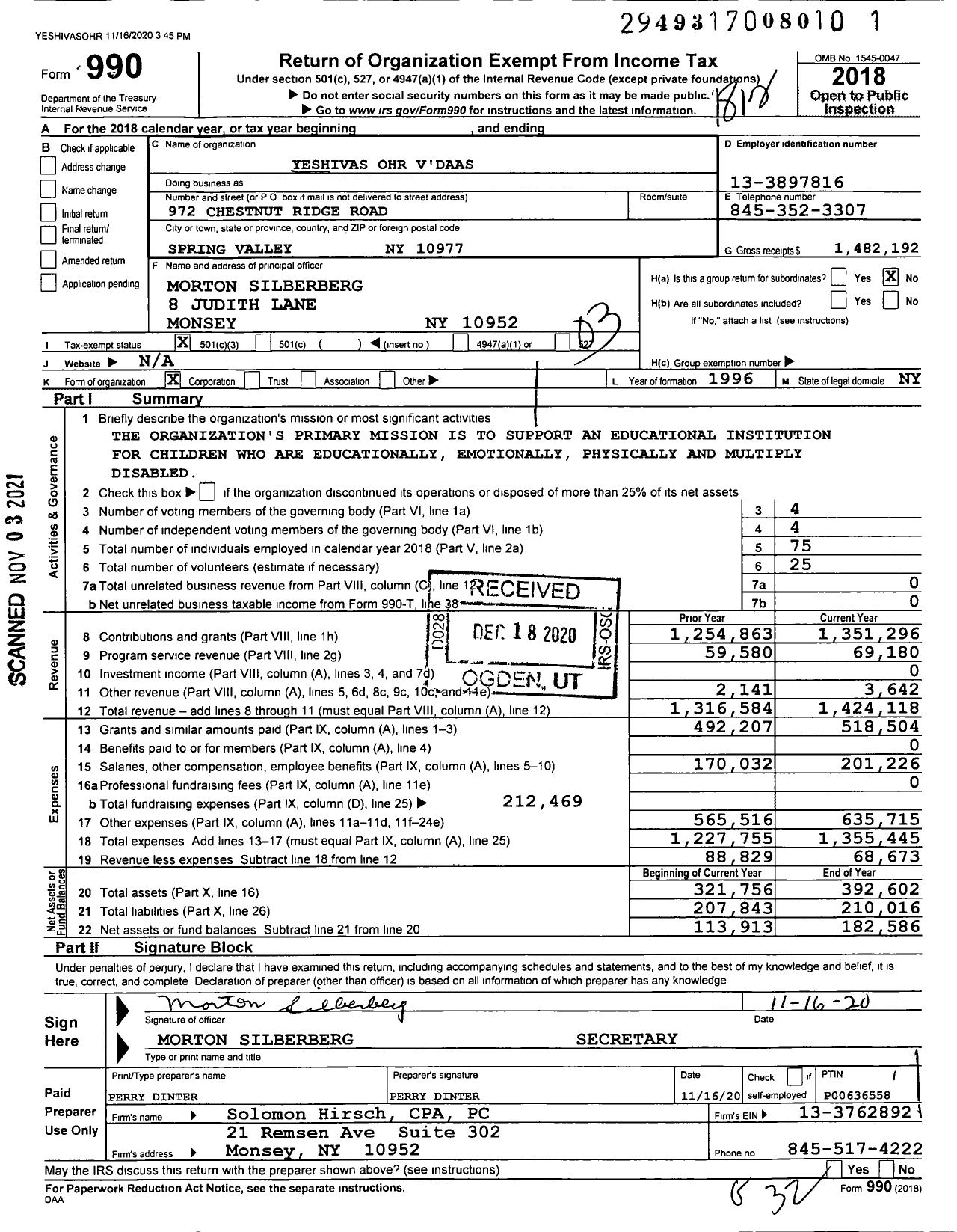 Image of first page of 2018 Form 990 for Yeshivas Ohr V'daas