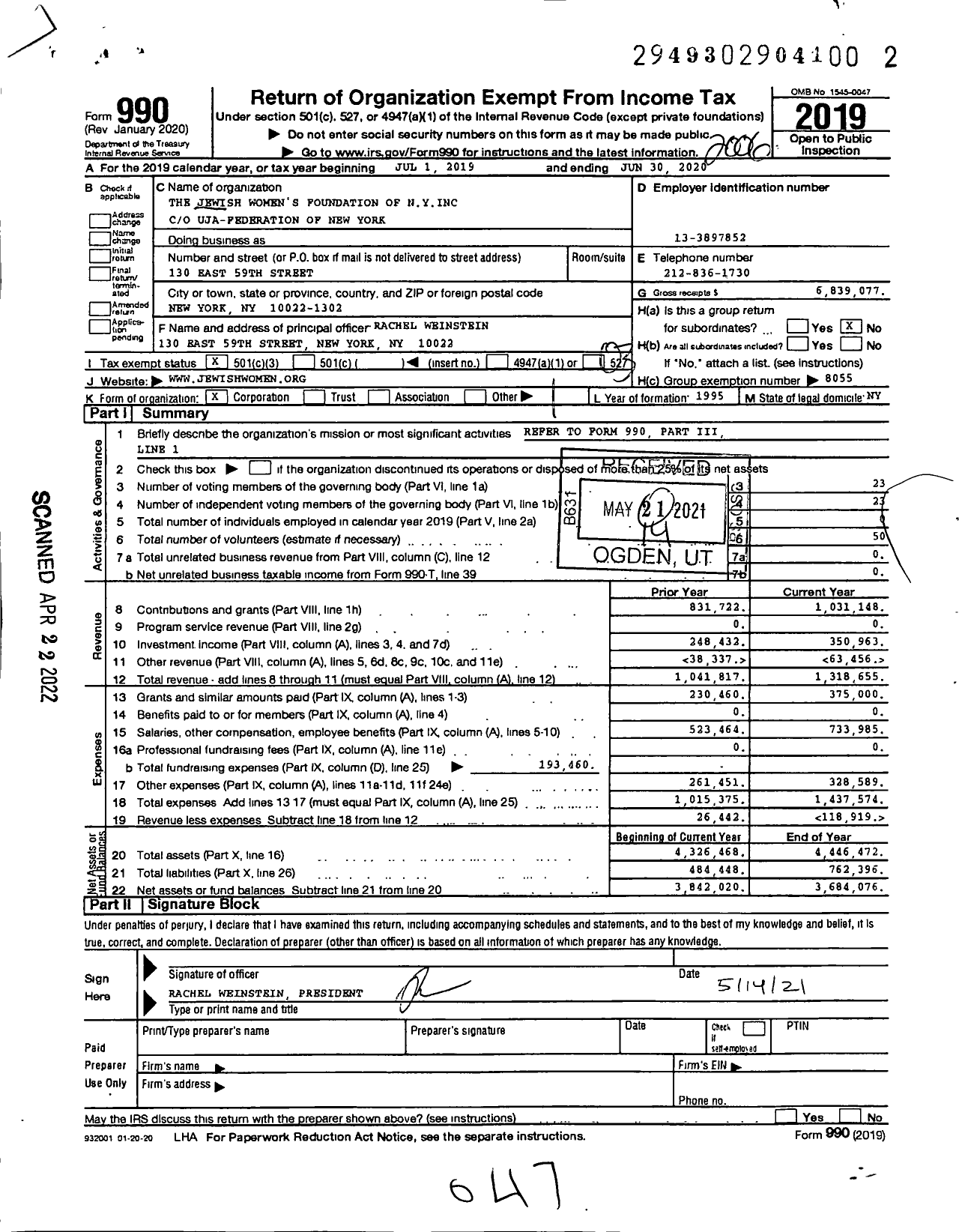 Image of first page of 2019 Form 990 for The Jewish Women's Foundation of Nyinc