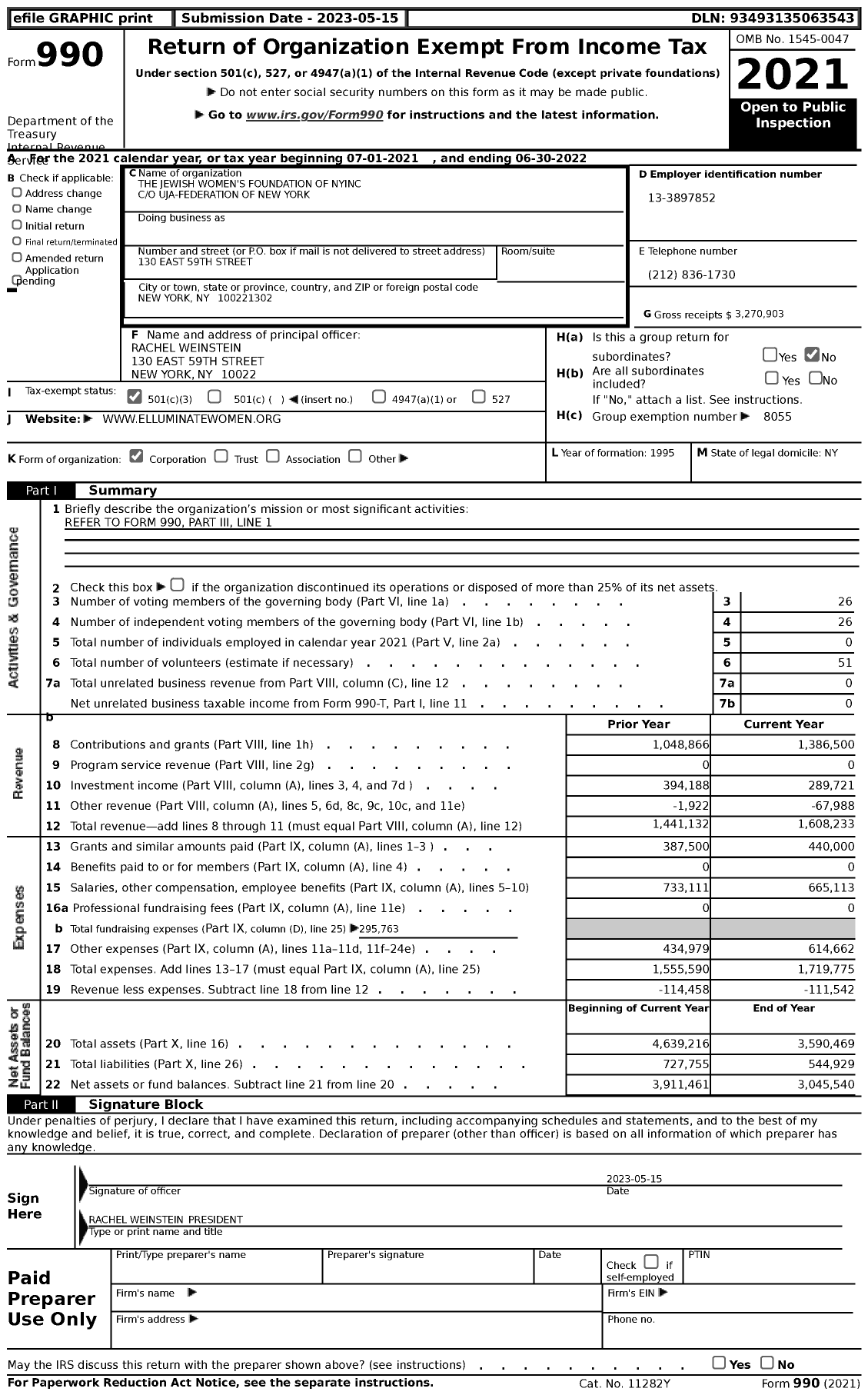 Image of first page of 2021 Form 990 for The Jewish Women's Foundation of Nyinc
