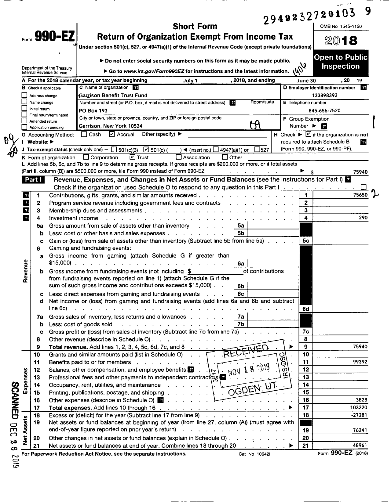 Image of first page of 2018 Form 990EO for Garrison Benefit Trust Fund Veba