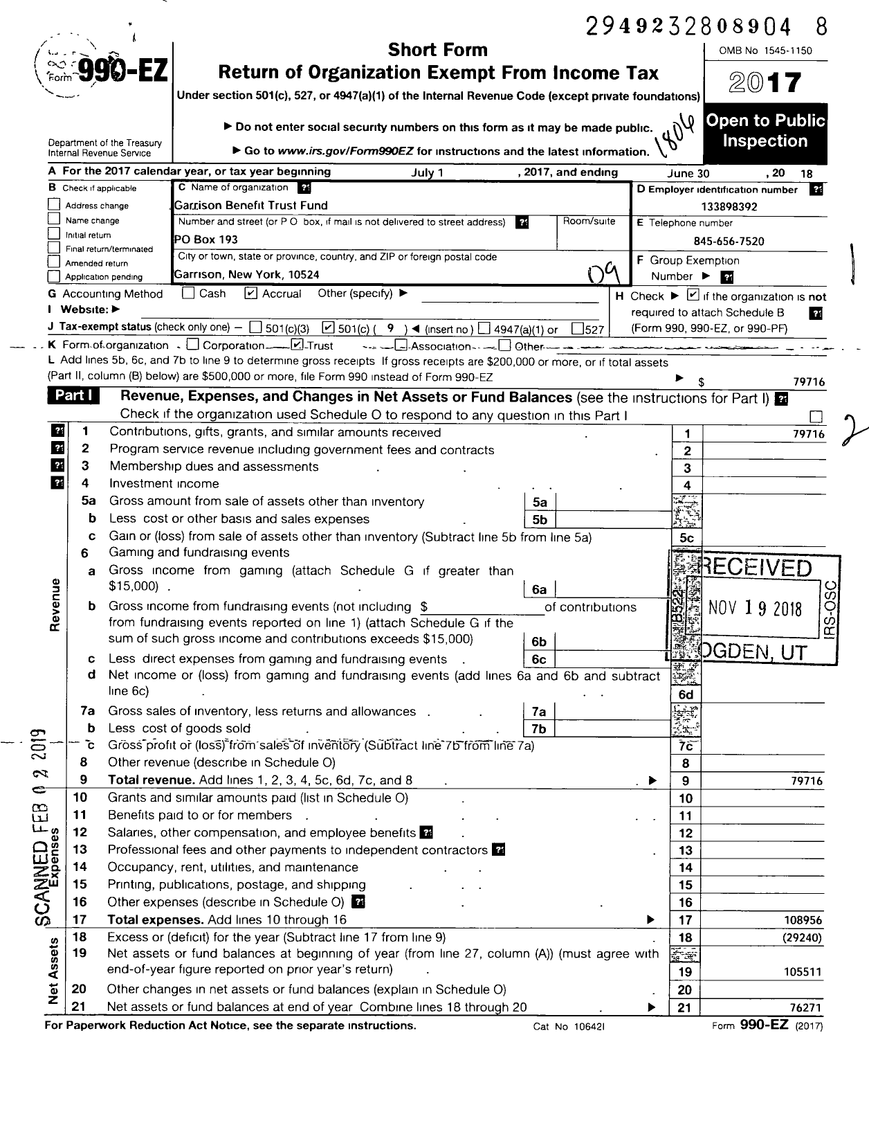 Image of first page of 2017 Form 990EO for Garrison Benefit Trust Fund Veba