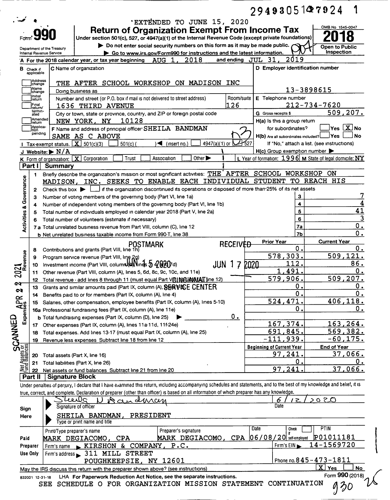 Image of first page of 2018 Form 990 for The After School Workshop on Madison