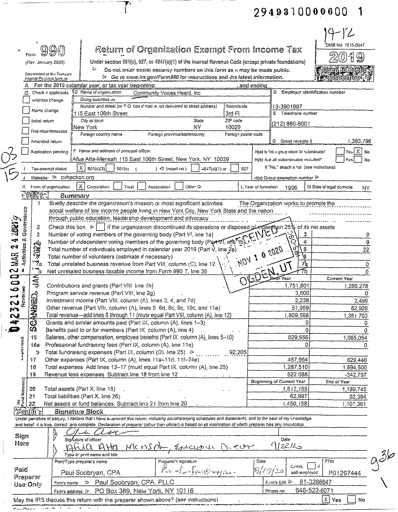 Image of first page of 2019 Form 990 for Community Voices Heard (CVH)