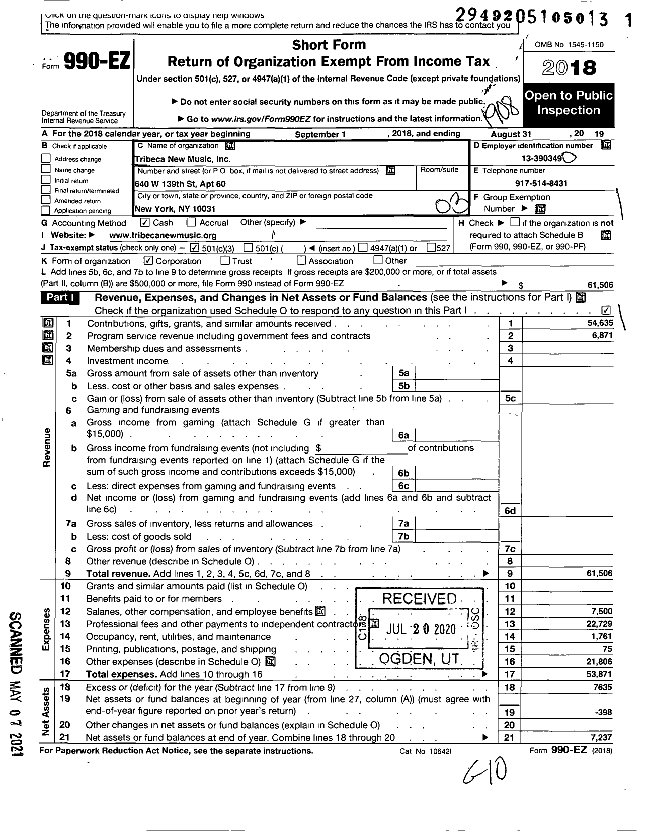 Image of first page of 2018 Form 990EZ for Tribeca New Music