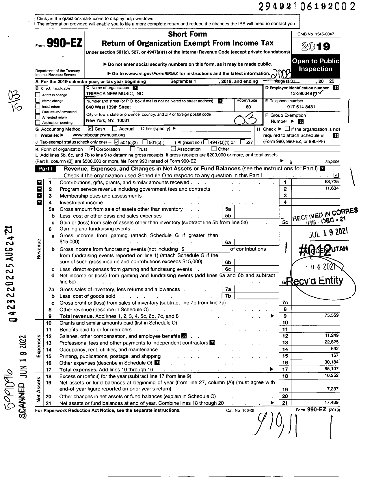 Image of first page of 2019 Form 990EZ for Tribeca New Music