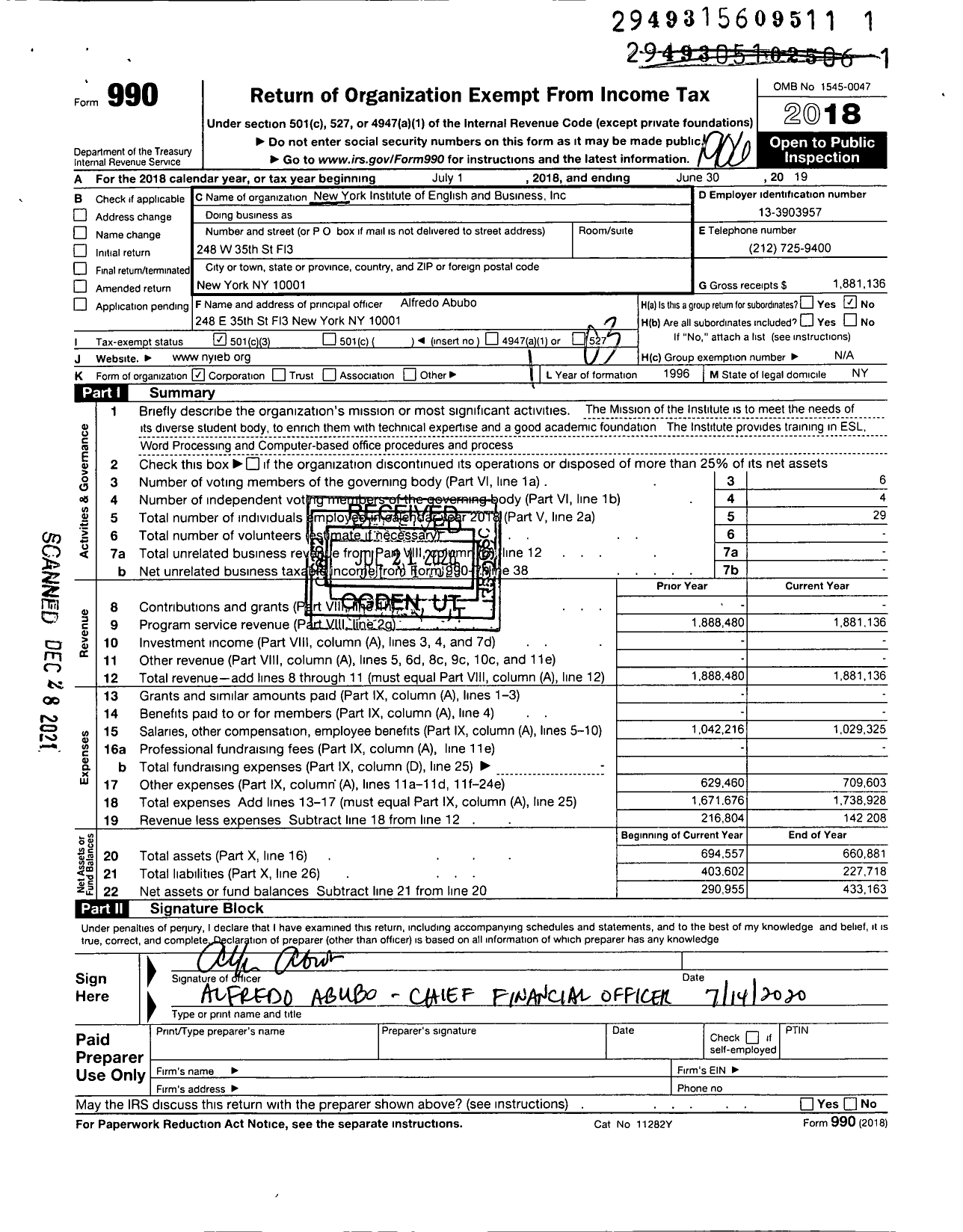 Image of first page of 2018 Form 990 for New York Institute of English and Business