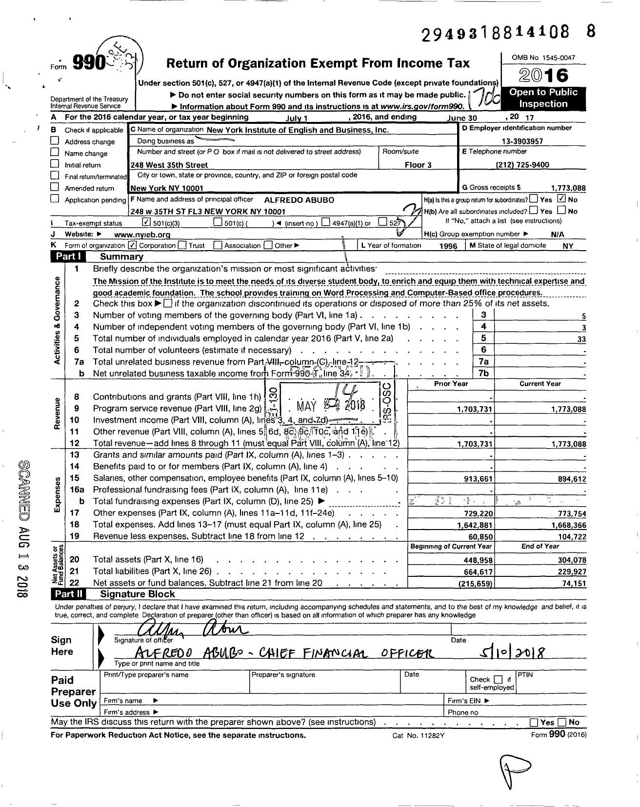 Image of first page of 2016 Form 990 for New York Institute of English and Business