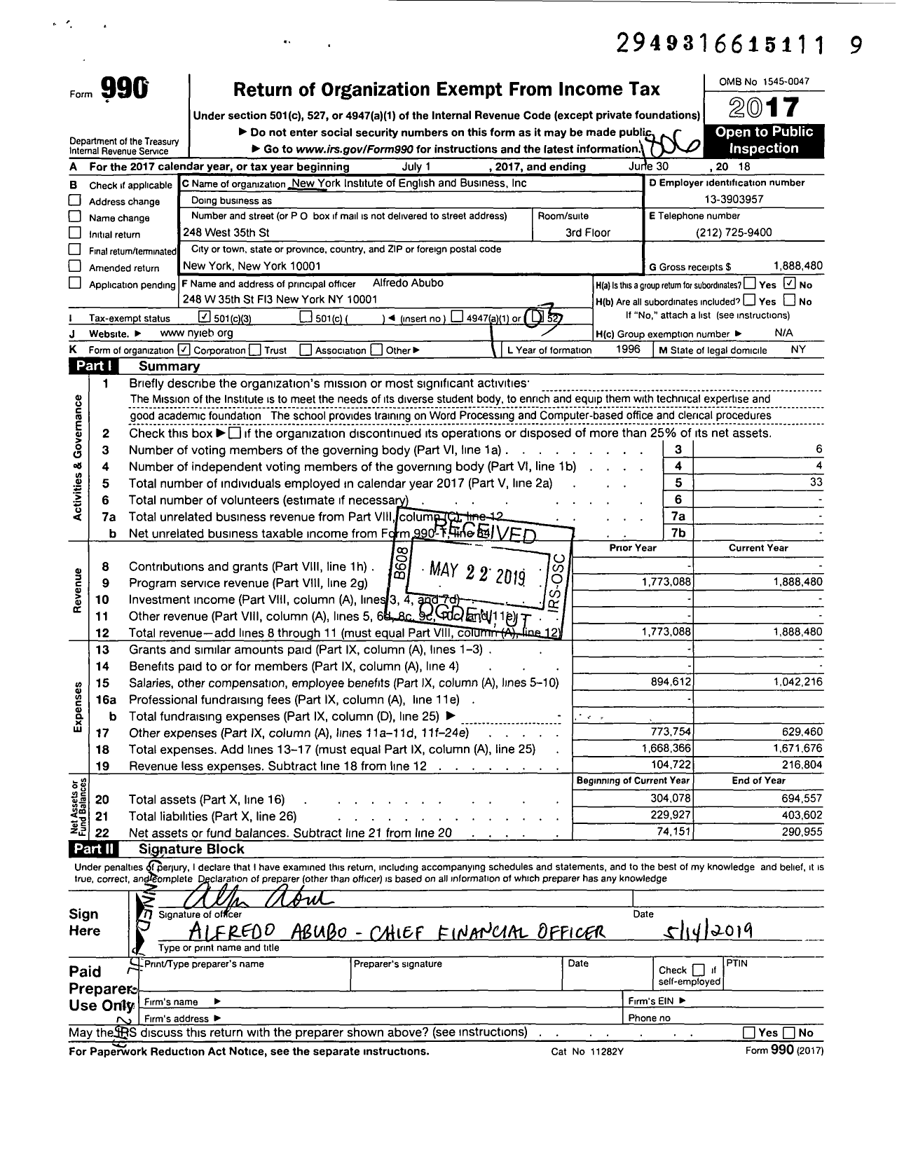 Image of first page of 2017 Form 990 for New York Institute of English and Business