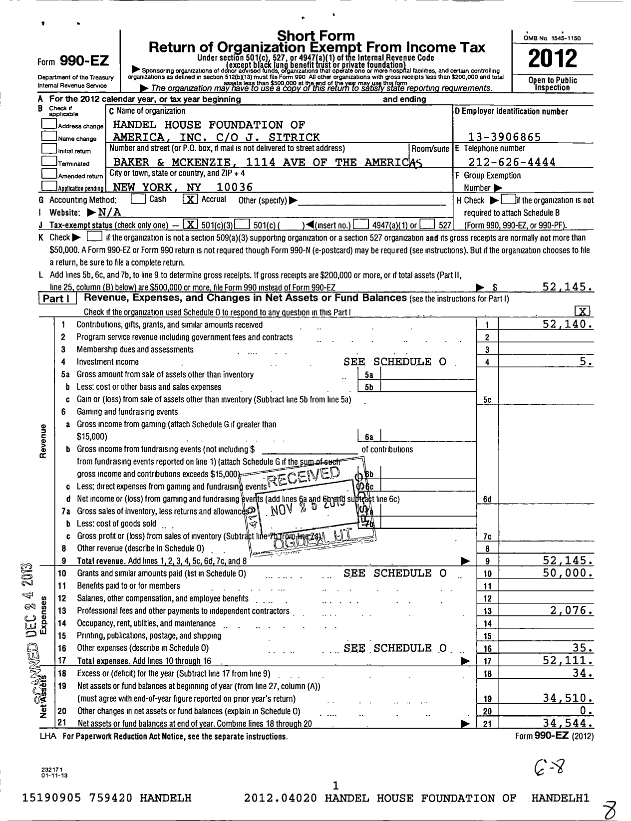 Image of first page of 2012 Form 990EZ for Handel House Foundation of America