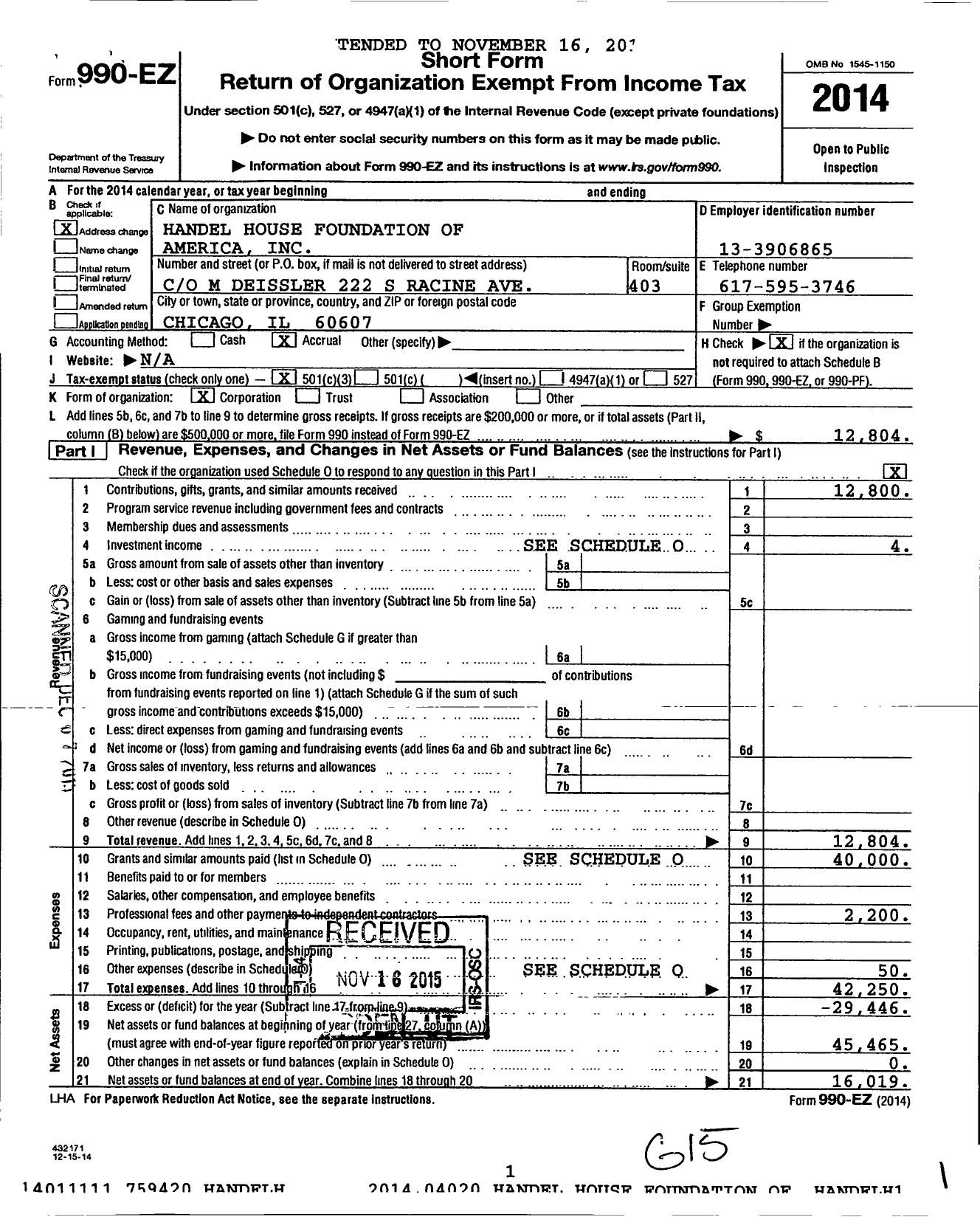 Image of first page of 2014 Form 990EZ for Handel House Foundation of America