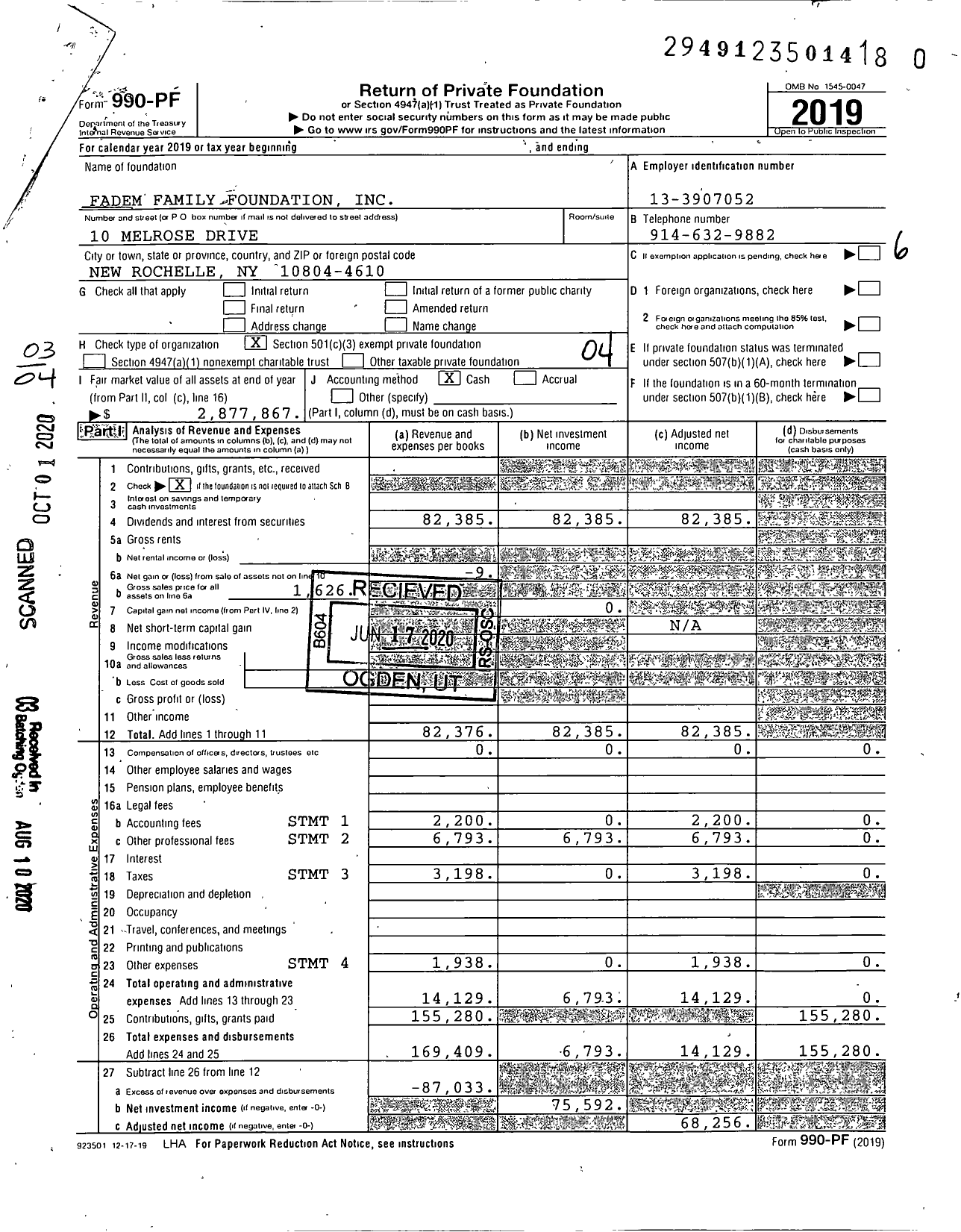 Image of first page of 2019 Form 990PR for Fadem Family Foundation