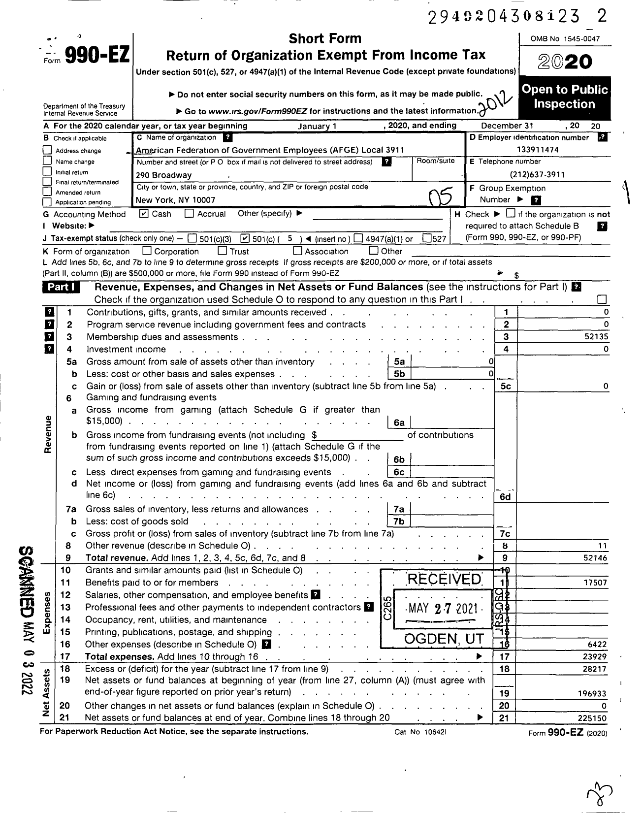 Image of first page of 2020 Form 990EO for American Federation of Government Employees - 3911 Afge-Epa Local