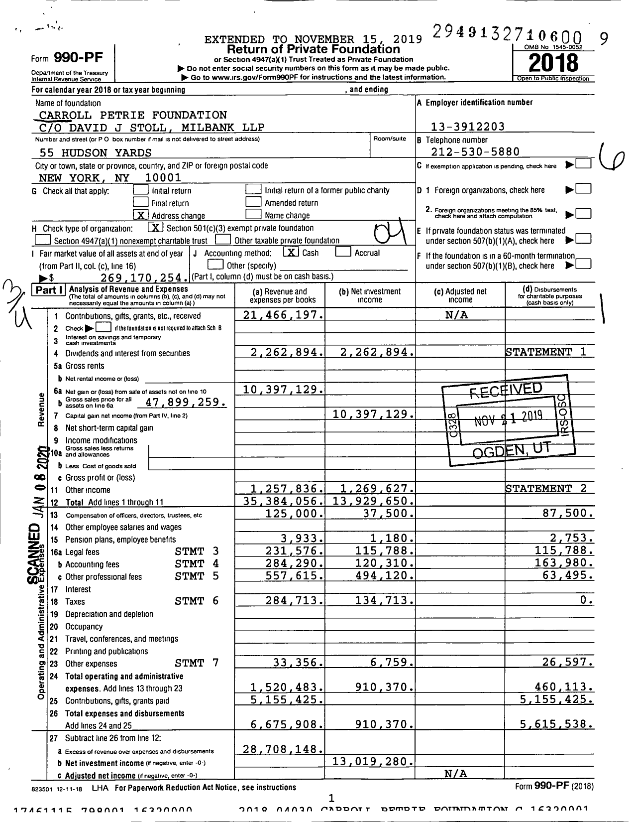 Image of first page of 2018 Form 990PF for Carroll Petrie Foundation