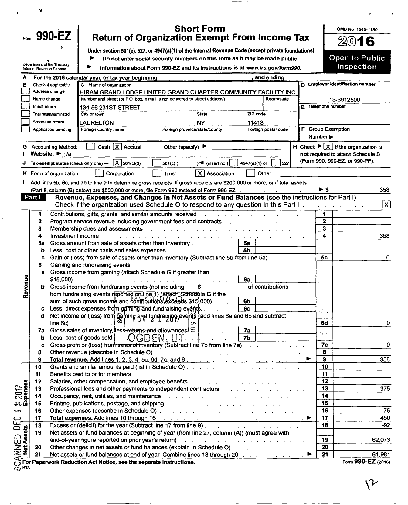 Image of first page of 2016 Form 990EZ for Hiram Grand Lodge United Grand Chapter Community Facility