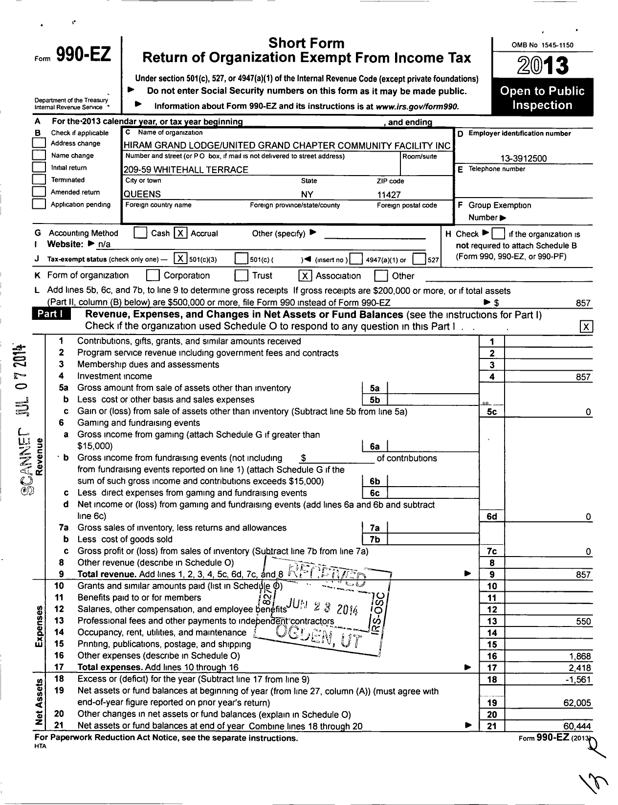 Image of first page of 2013 Form 990EZ for Hiram Grand Lodge United Grand Chapter Community Facility