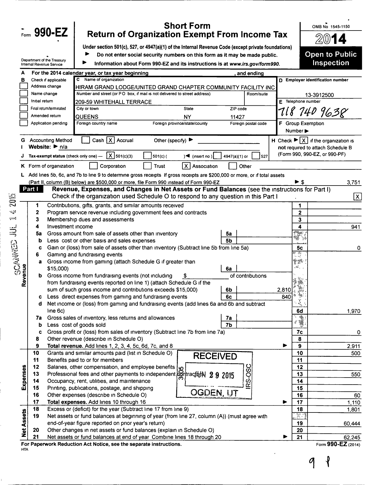 Image of first page of 2014 Form 990EZ for Hiram Grand Lodge United Grand Chapter Community Facility