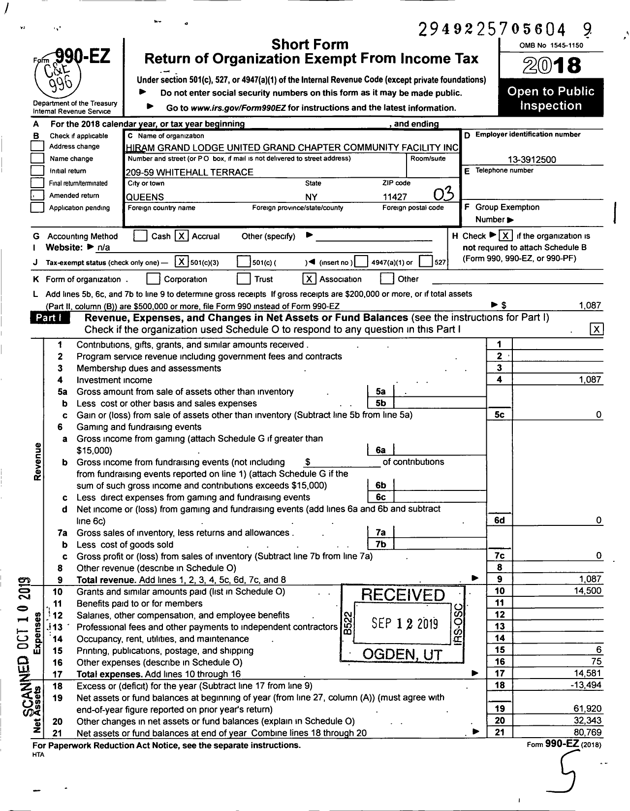 Image of first page of 2018 Form 990EZ for Hiram Grand Lodge United Grand Chapter Community Facility