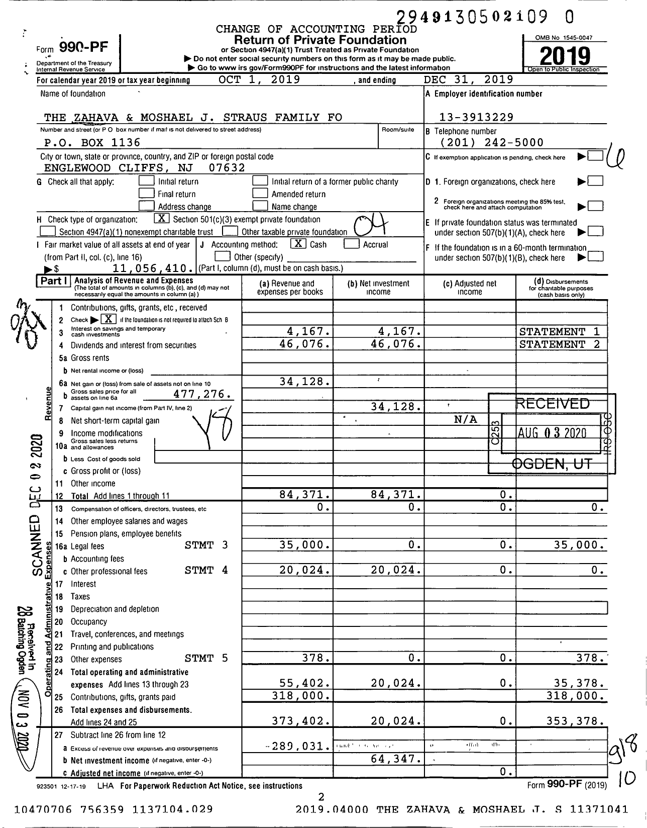 Image of first page of 2019 Form 990PF for The Zahava and Moshael J Straus Family Foundation