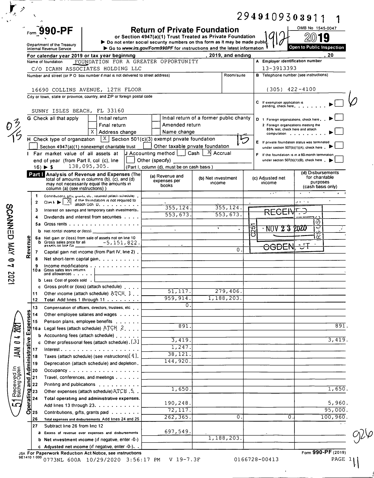 Image of first page of 2019 Form 990PF for The Carl C Icahn Foundation