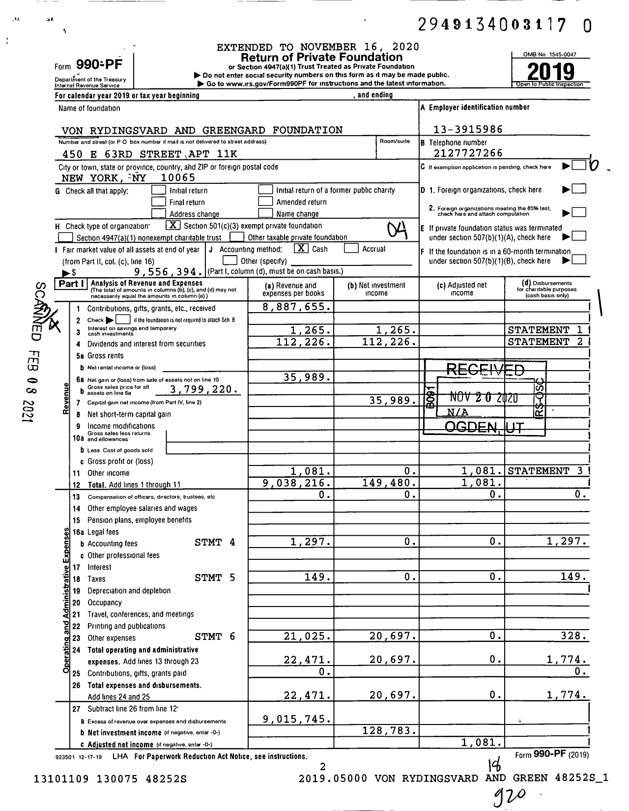 Image of first page of 2019 Form 990PF for Von Rydingsvard and Greengard Foundation