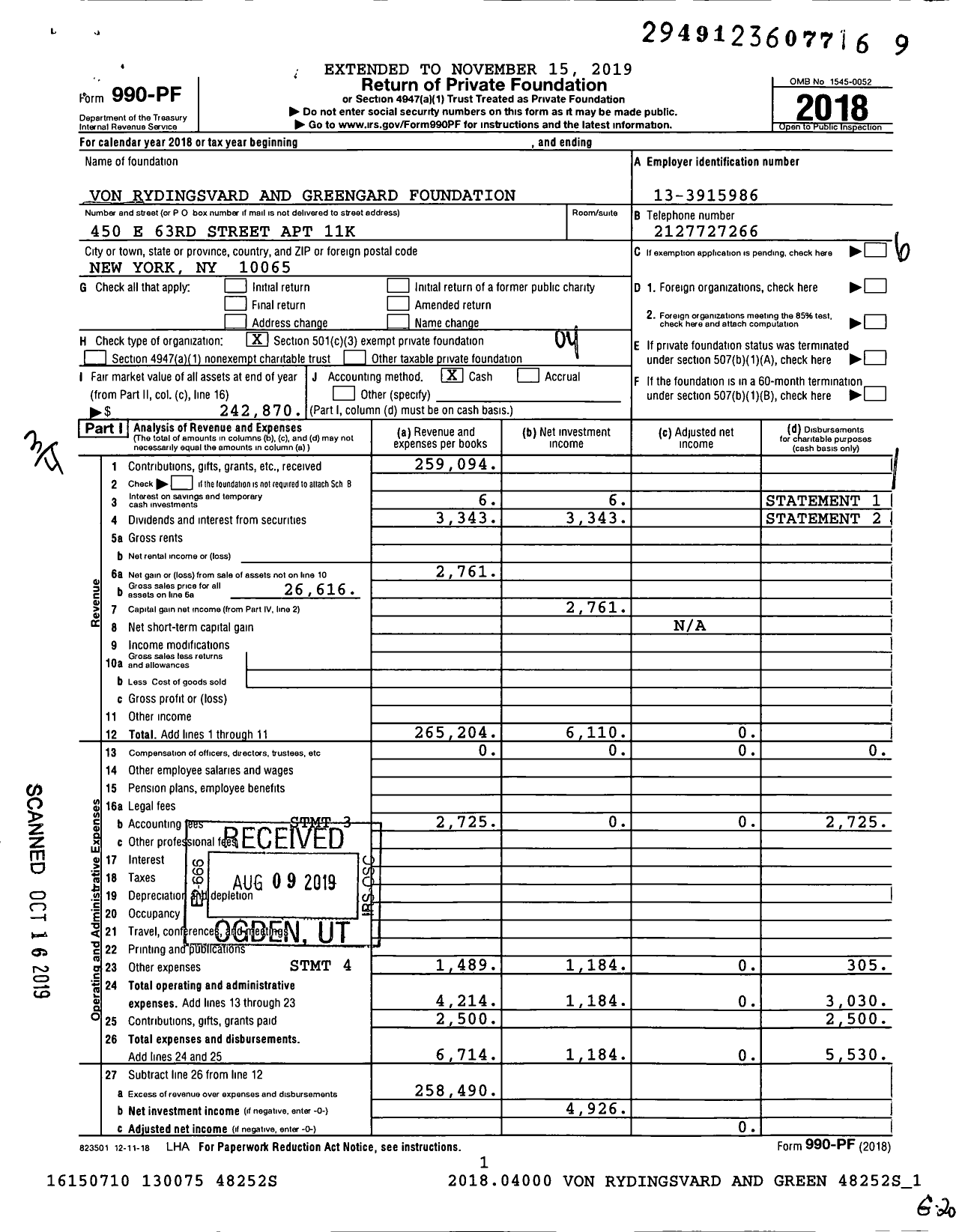 Image of first page of 2018 Form 990PF for Von Rydingsvard and Greengard Foundation