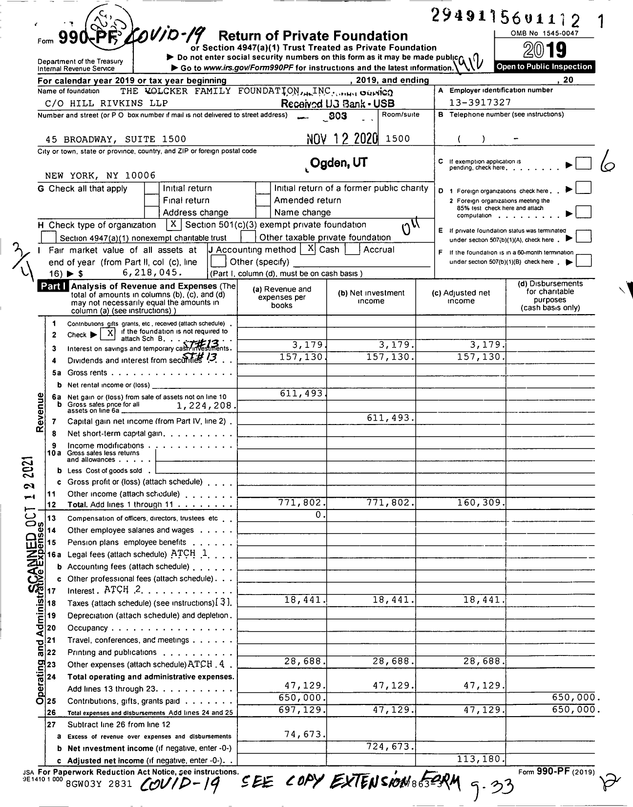 Image of first page of 2019 Form 990PF for The Volcker Family Foundation