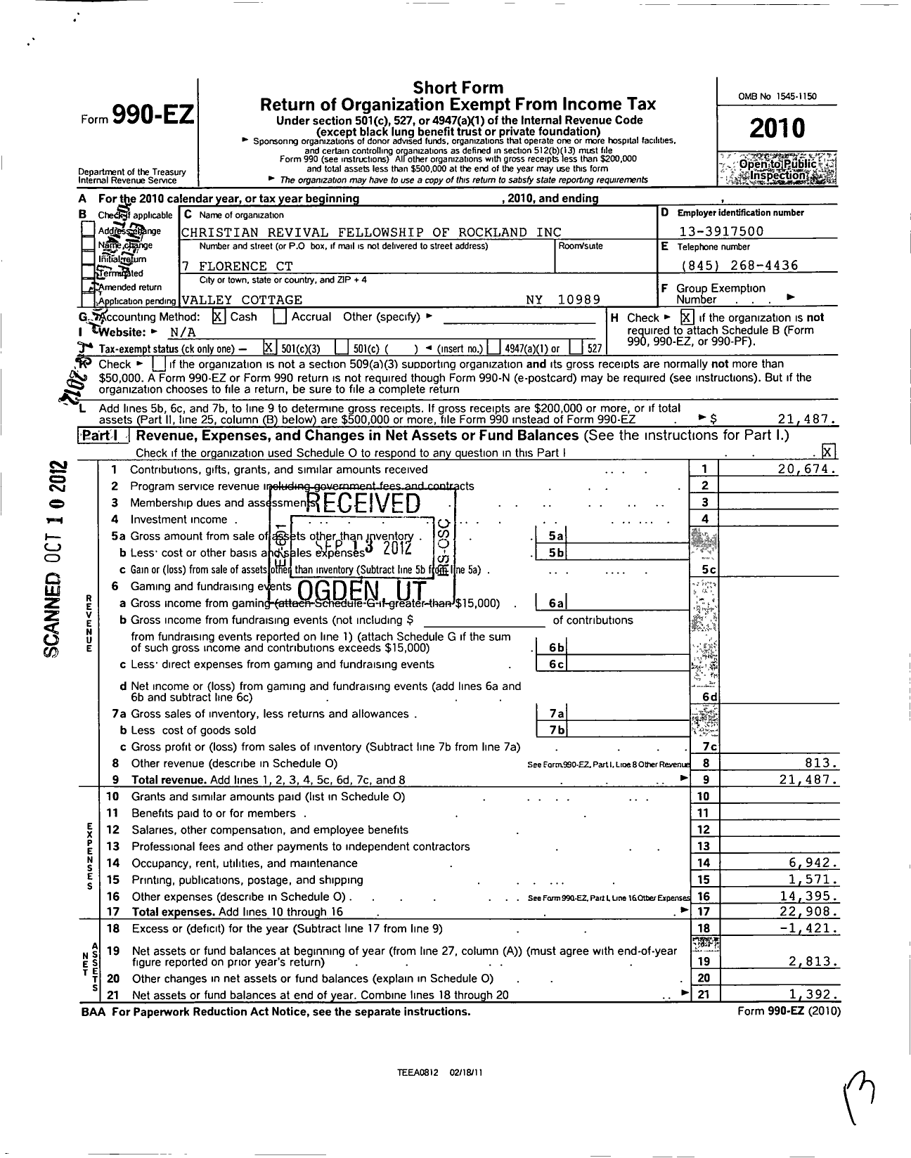 Image of first page of 2010 Form 990EZ for Christian Revival Fellowship of Rockland