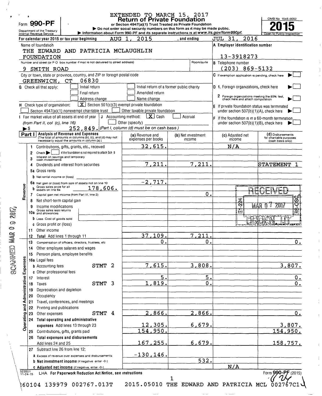 Image of first page of 2015 Form 990PF for The Edward and Patricia Mclaughlin Foundation