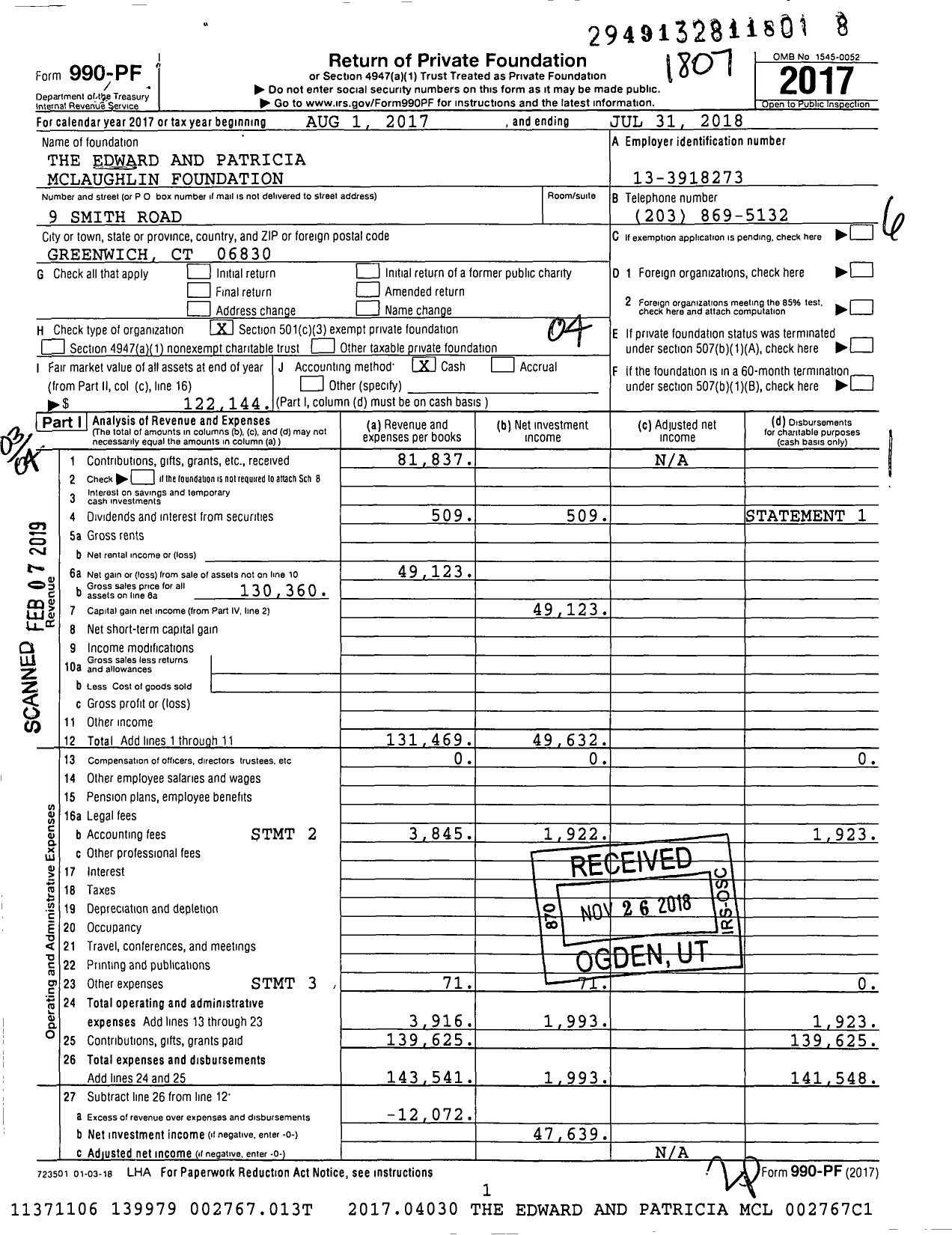 Image of first page of 2017 Form 990PF for The Edward and Patricia Mclaughlin Foundation
