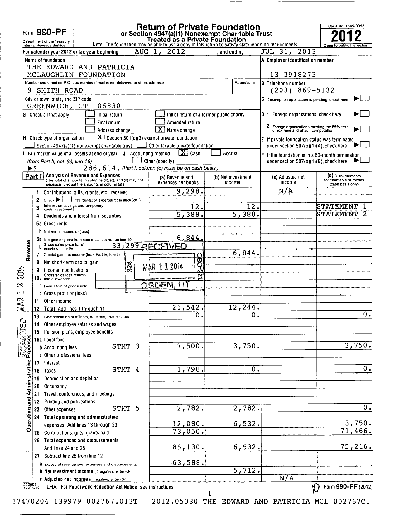 Image of first page of 2012 Form 990PF for The Edward and Patricia Mclaughlin Foundation