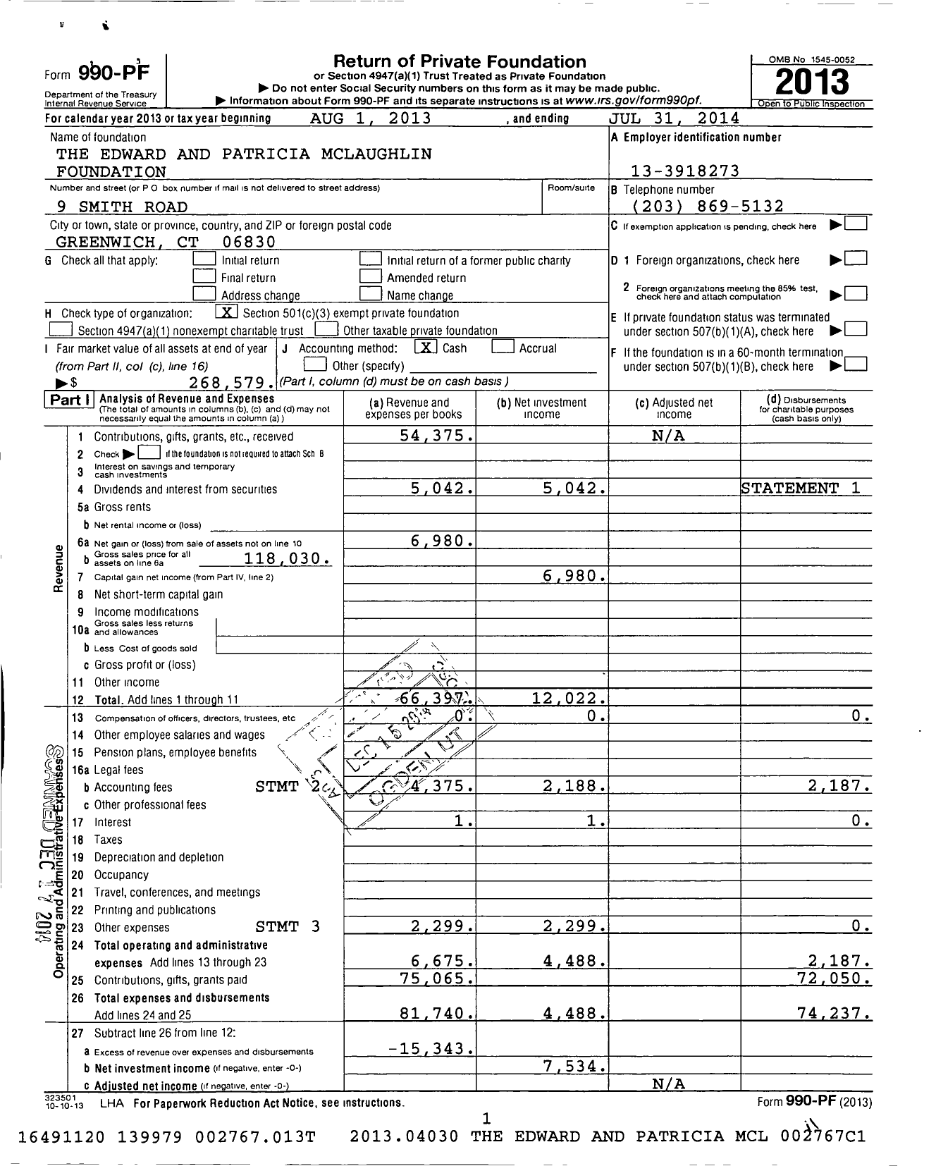 Image of first page of 2013 Form 990PF for The Edward and Patricia Mclaughlin Foundation